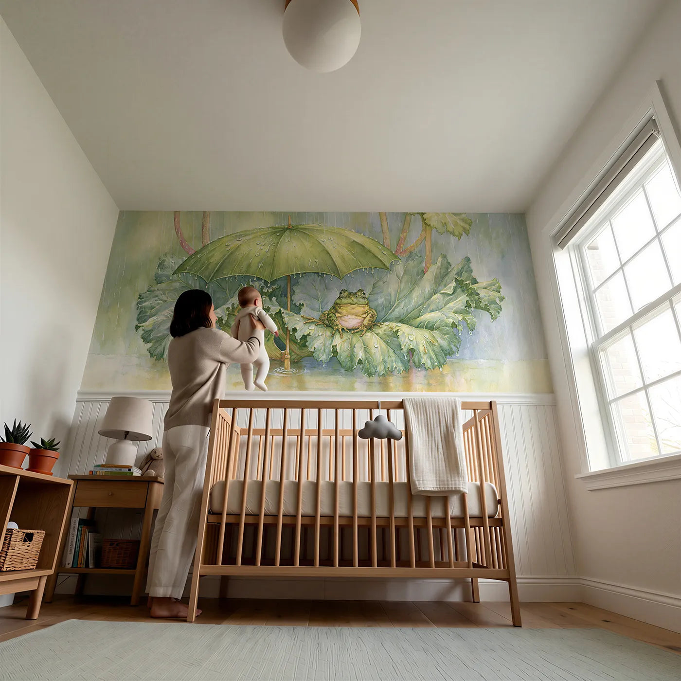 Child reading near Under The Rhubarb Umbrella Wainscoting Wallpaper by Whimsy Tots