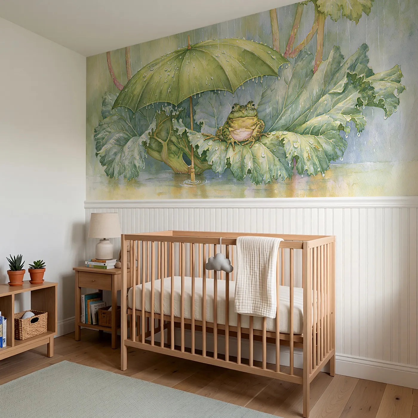 Under The Rhubarb Umbrella Wainscoting Wallpaper styled in a kids room by Whimsy Tots