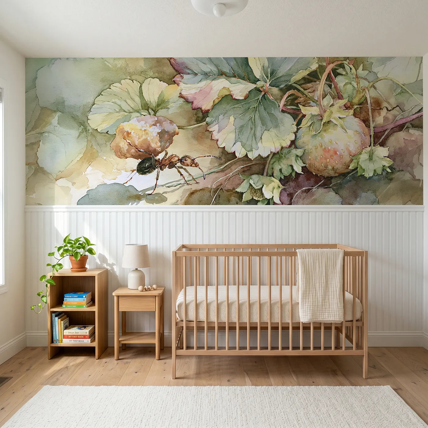 Watercolor wainscoting wallpaper of carrying the crumb by Whimsy Tots