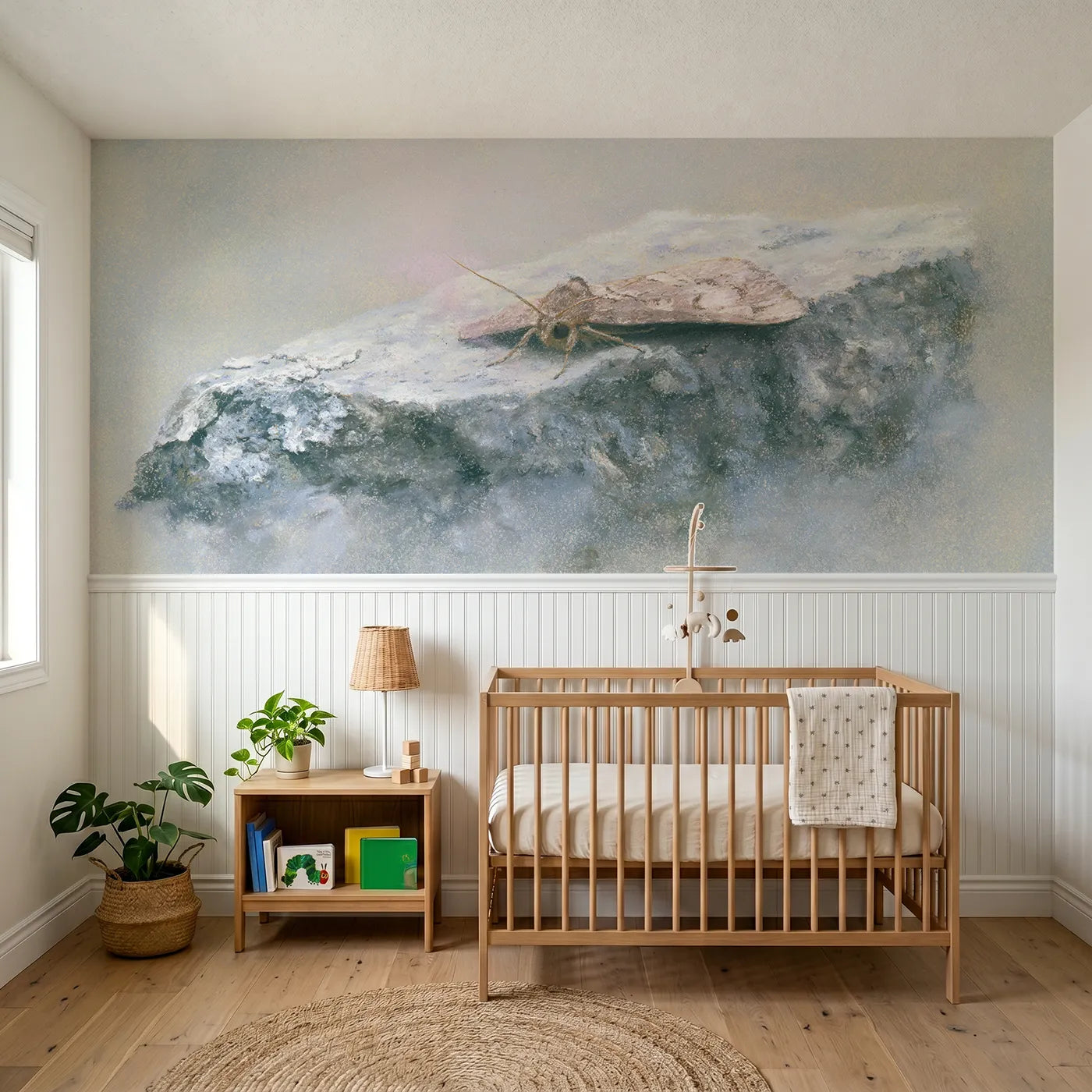 Soft pastel wainscoting wallpaper of wearing bark by day by Whimsy Tots
