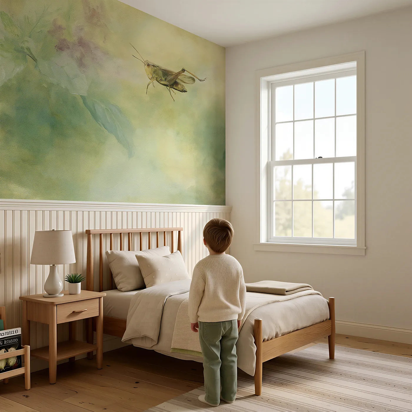 Child reading near The Great Green Leap Wainscoting Wallpaper by Whimsy Tots