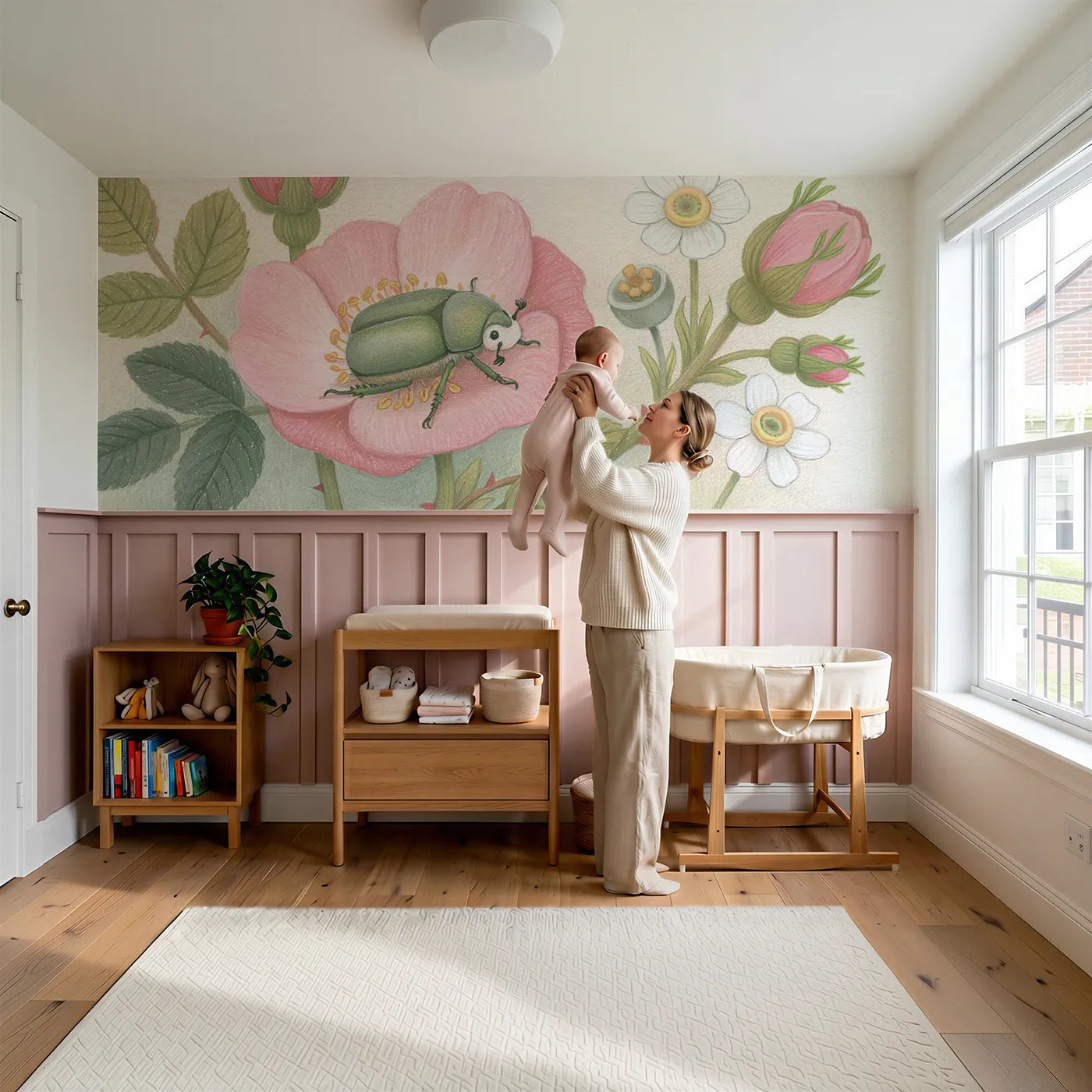 Child reading near The Jewel On The Rose Wainscoting Wallpaper by Whimsy Tots