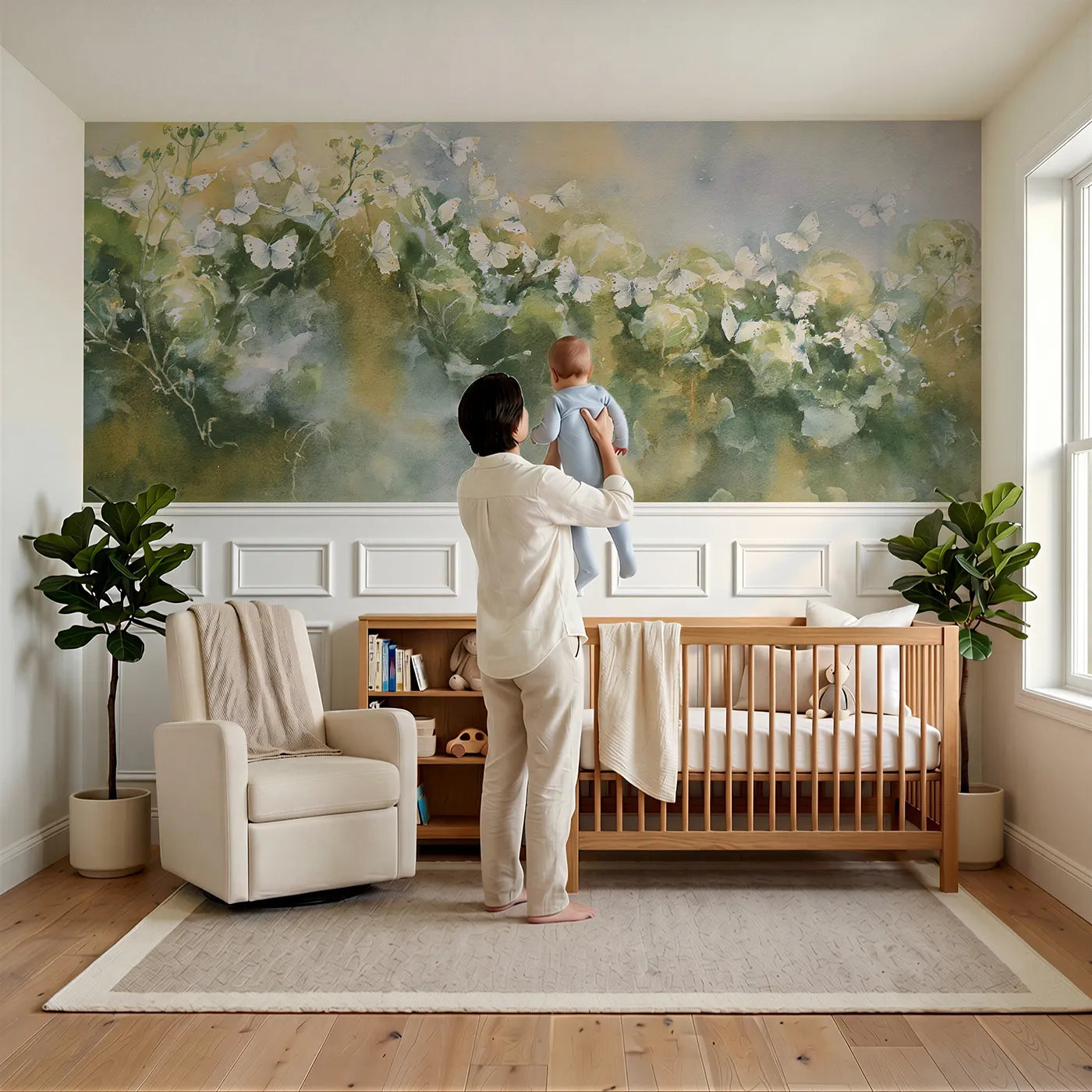 Child reading near The Whites Rise Together Wainscoting Wallpaper by Whimsy Tots