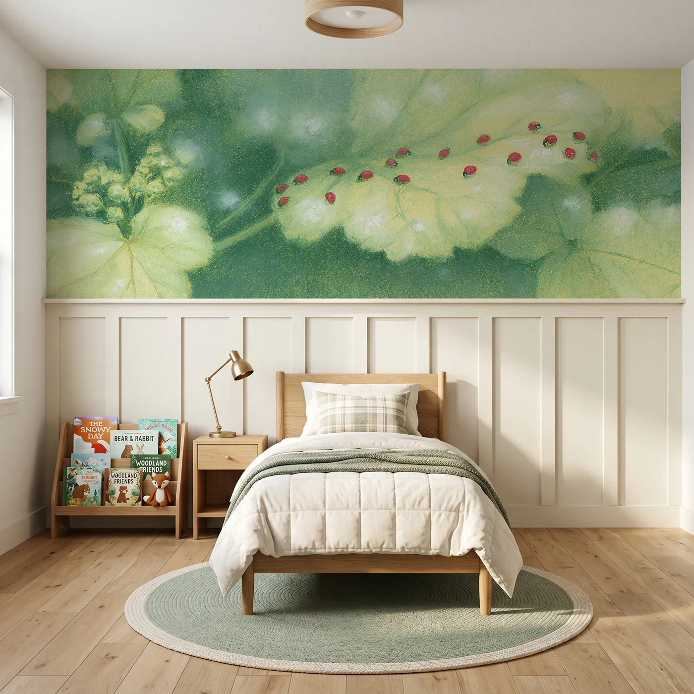 Soft pastel wainscoting wallpaper of a constellation of ladybirds by Whimsy Tots