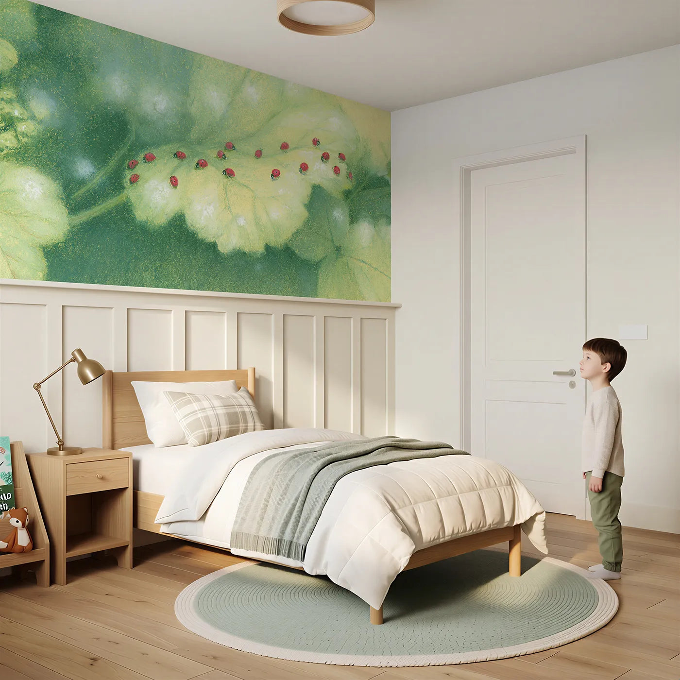 Child reading near A Constellation Of Ladybirds Wainscoting Wallpaper by Whimsy Tots