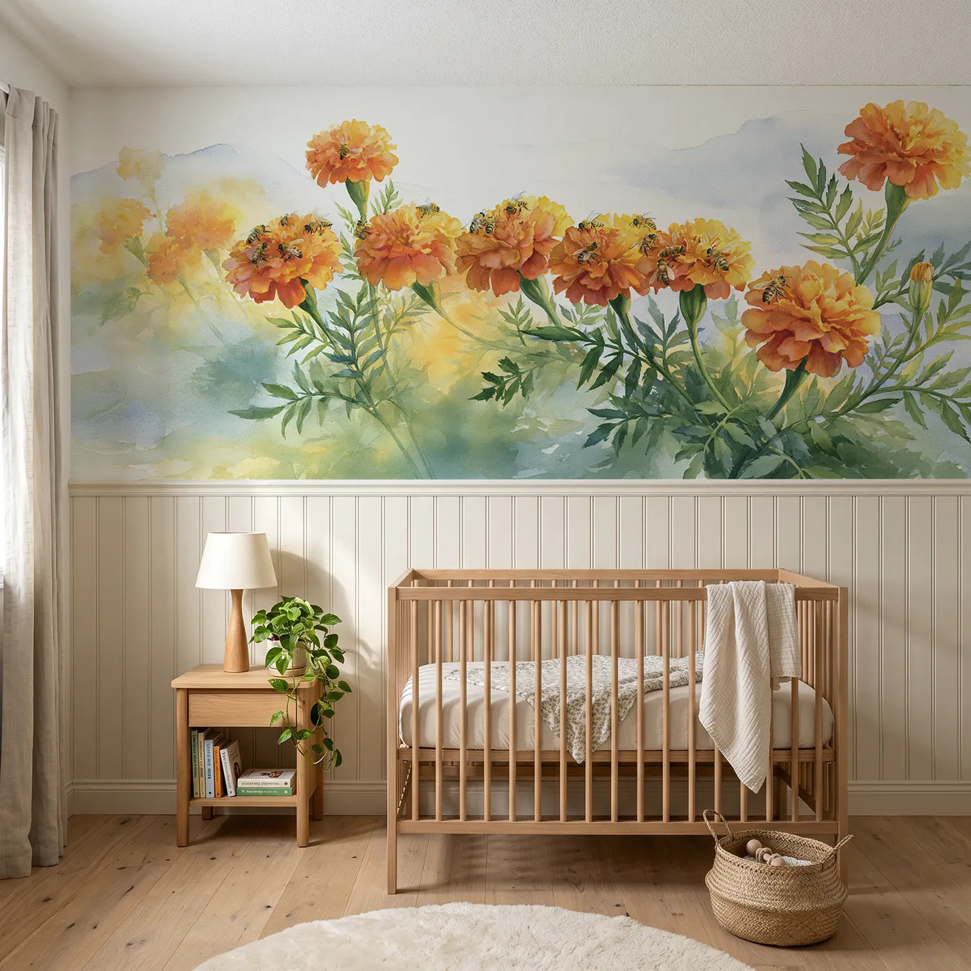 Watercolor wainscoting wallpaper of the marigold shift by Whimsy Tots
