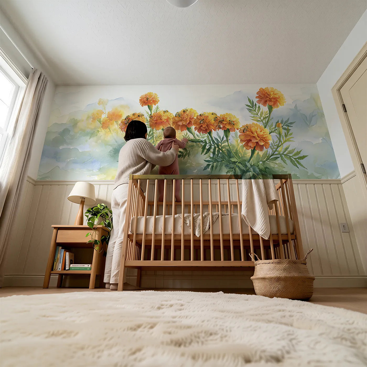 Child reading near The Marigold Shift Wainscoting Wallpaper by Whimsy Tots