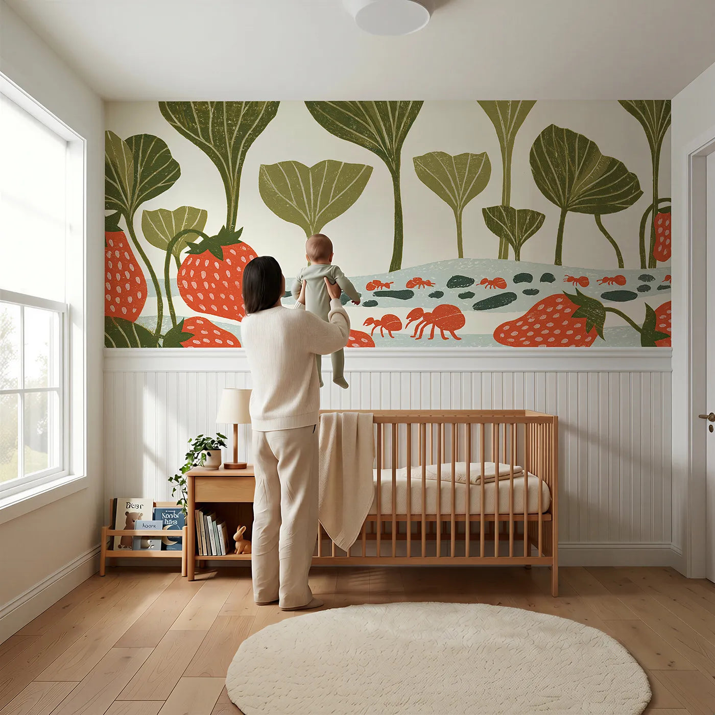 Child reading near The Ant Road Wainscoting Wallpaper by Whimsy Tots