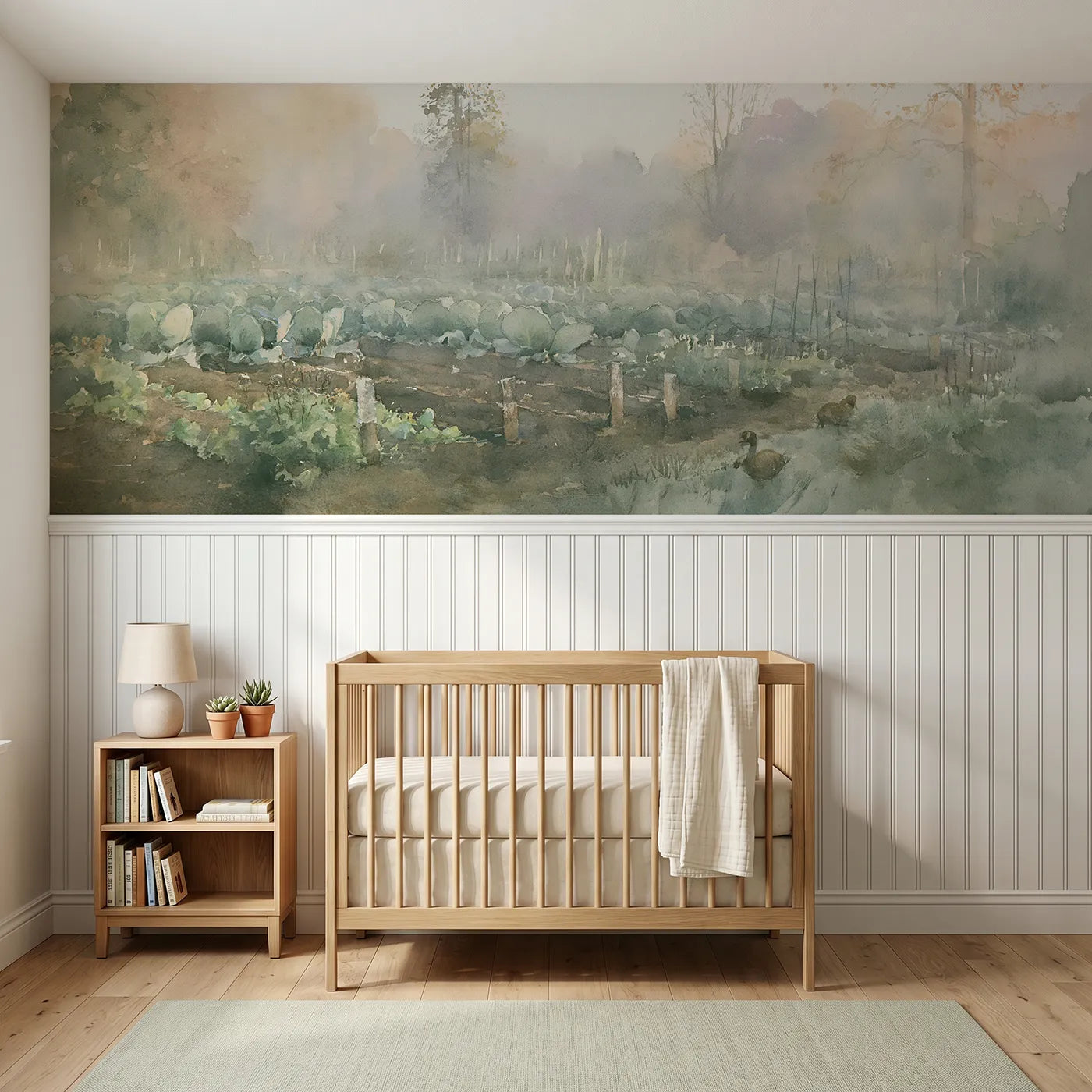 Watercolor wainscoting mural of the patch in morning mist by Whimsy Tots