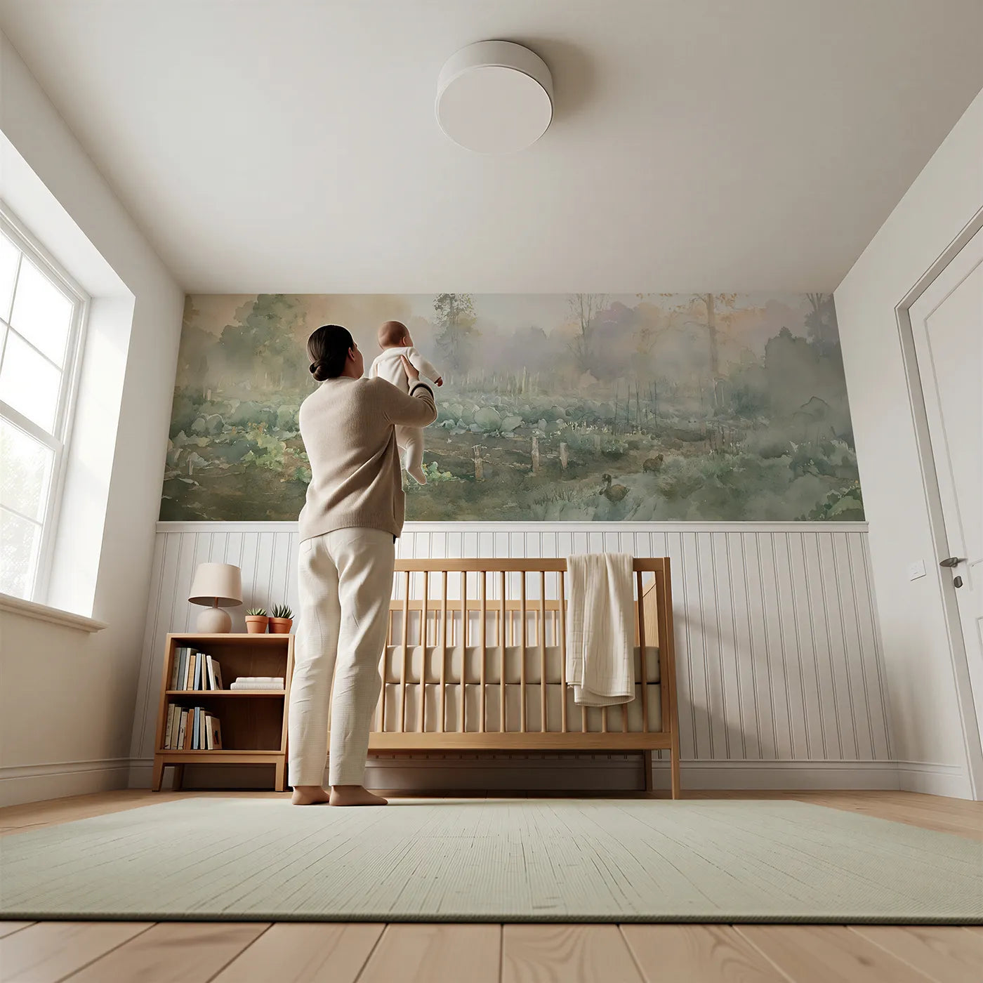 Child reading near The Patch In Morning Mist Wainscoting Wallpaper by Whimsy Tots