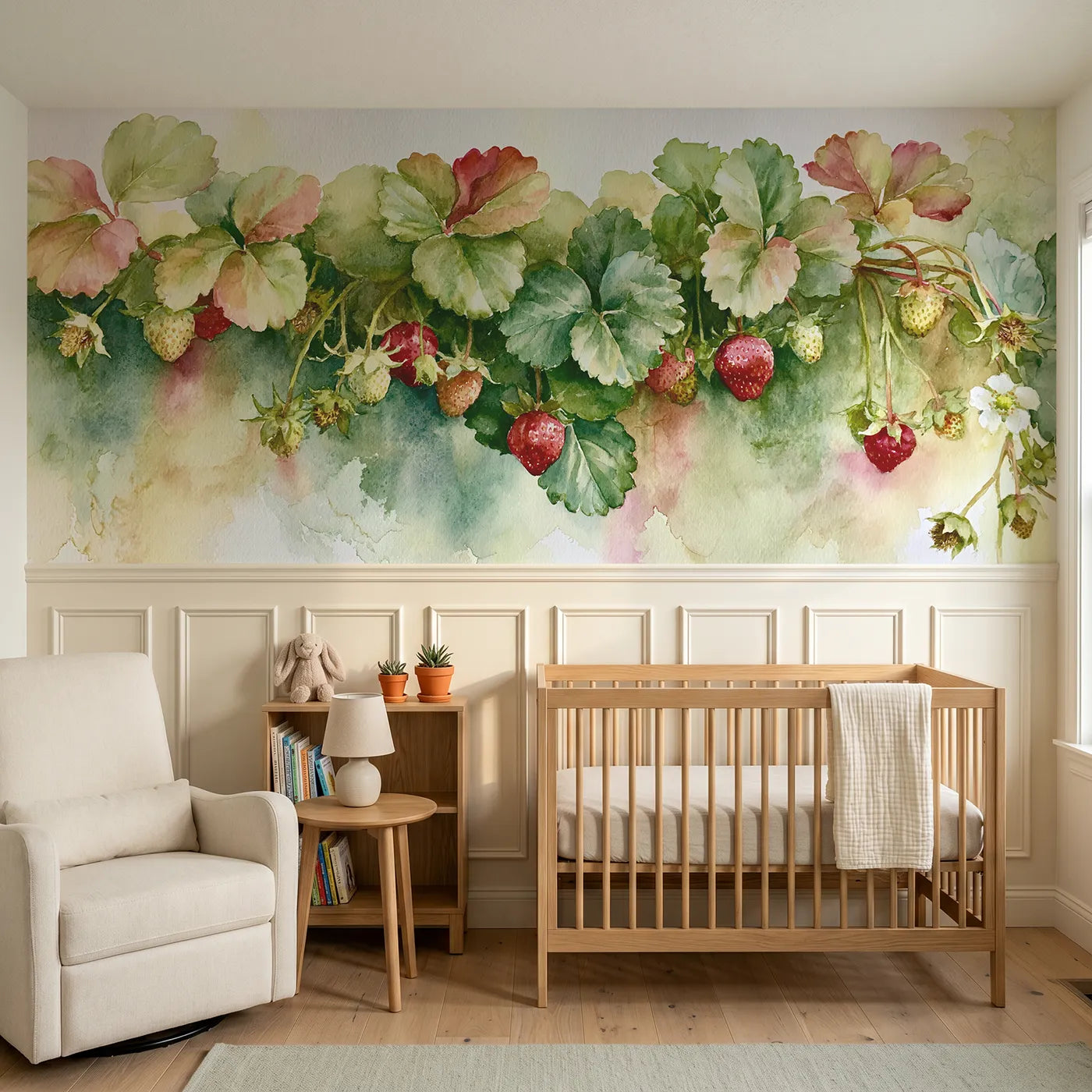 Watercolor wainscoting wallpaper of berries under the leaves by Whimsy Tots