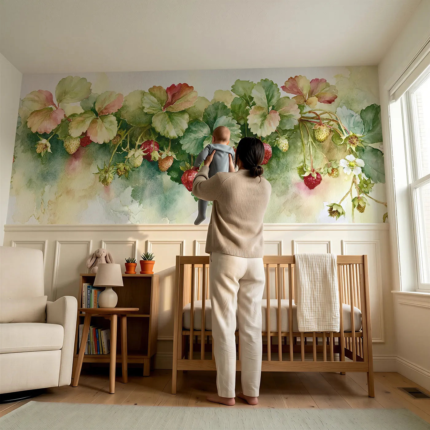 Child reading near Berries Under The Leaves Wainscoting Wallpaper by Whimsy Tots