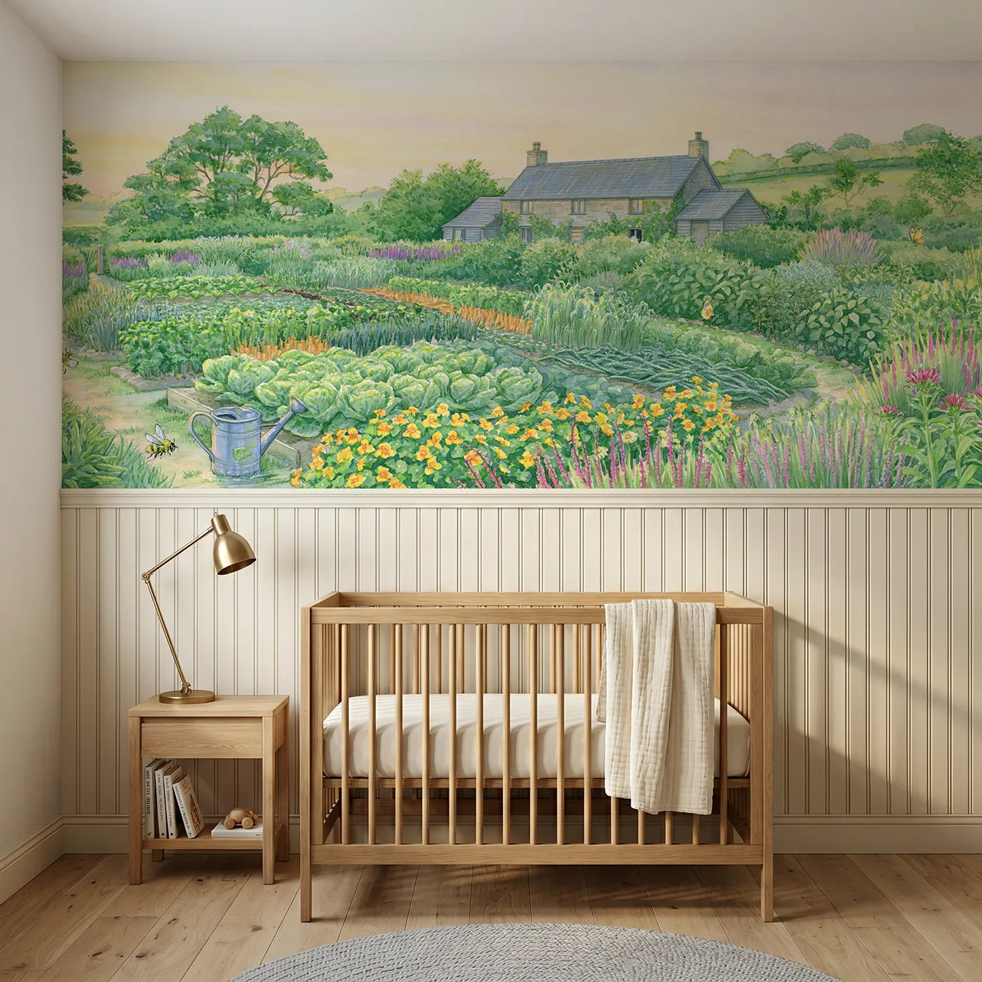 Colored pencil wainscoting wallpaper of the morning vegetable garden by Whimsy Tots
