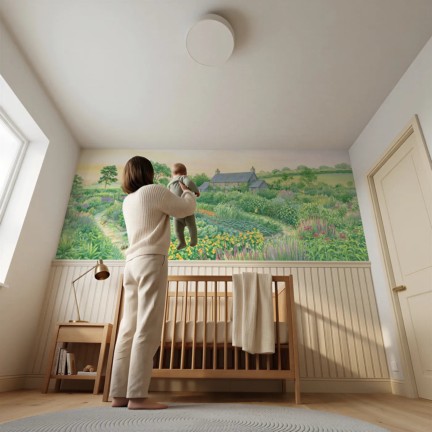 Child reading near The Morning Vegetable Garden Wainscoting Wallpaper by Whimsy Tots