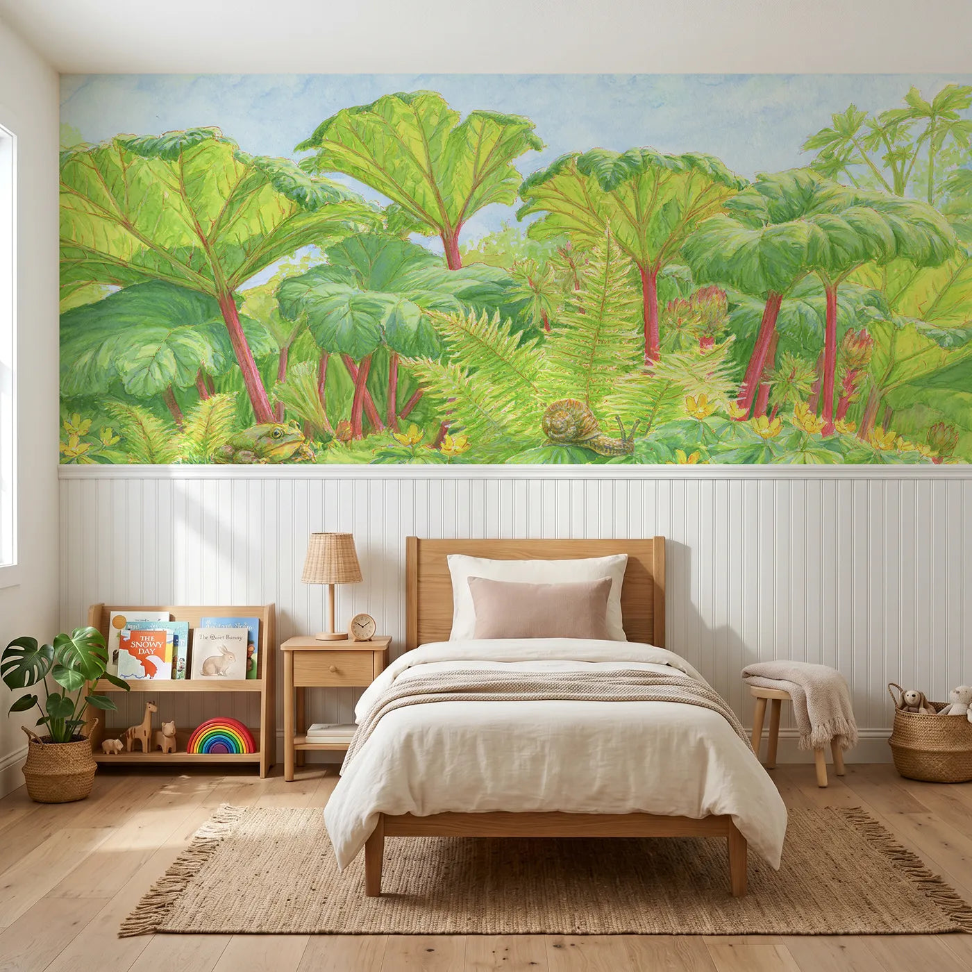 Colored pencil wainscoting wallpaper of among the rhubarb leaves by Whimsy Tots