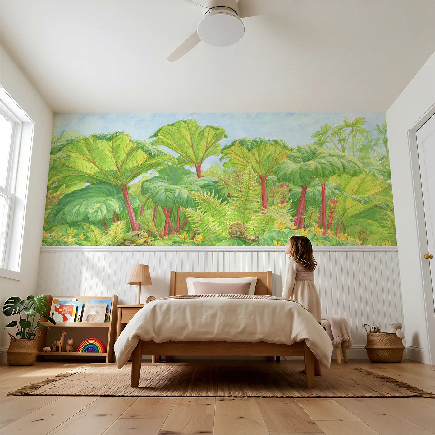 Child reading near Among The Rhubarb Leaves Wainscoting Wallpaper by Whimsy Tots