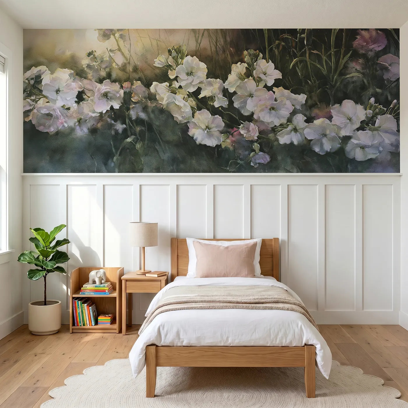 Watercolor wainscoting wallpaper of the night shift opening by Whimsy Tots