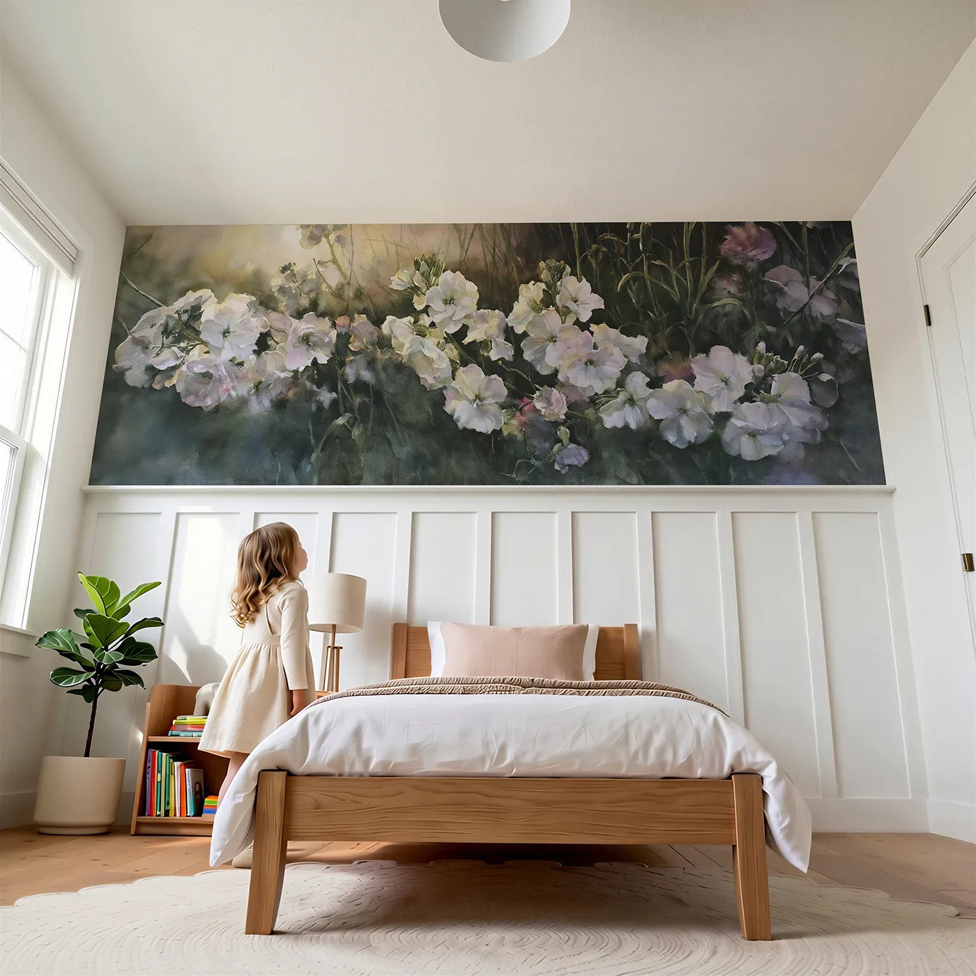 Child reading near The Night Shift Opens Wainscoting Wallpaper by Whimsy Tots