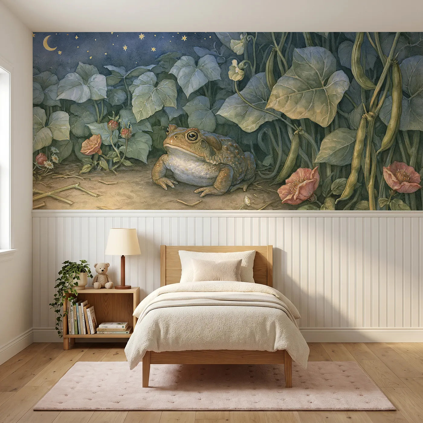 Storybook wainscoting wallpaper of the toads night patrol by Whimsy Tots
