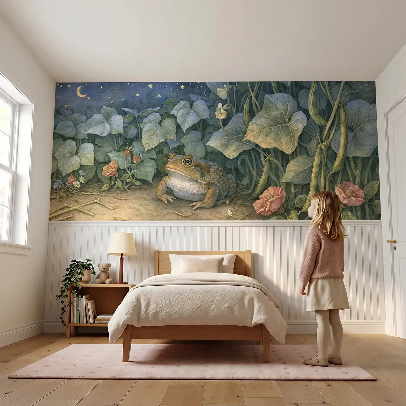 Child reading near The Toads Night Patrol Wainscoting Wallpaper by Whimsy Tots