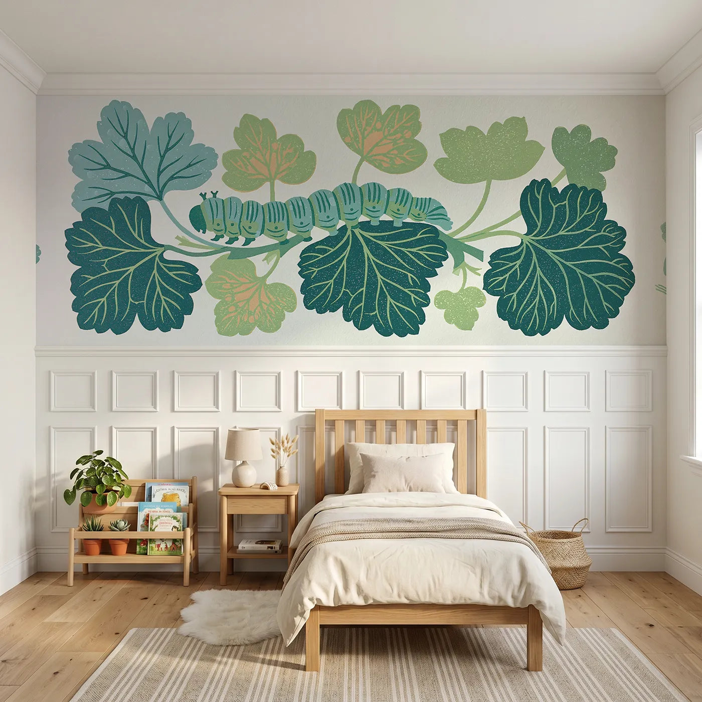 Block print wainscoting wallpaper of the carved caterpillar by Whimsy Tots