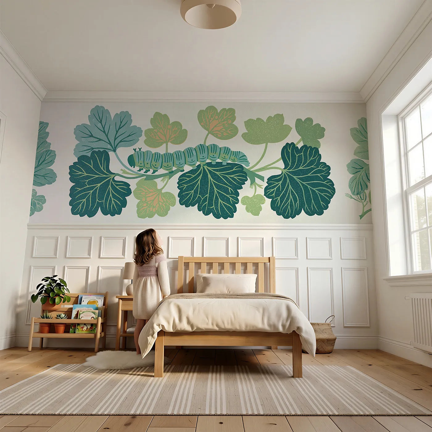 Child reading near The Carved Caterpillar Wainscoting Wallpaper by Whimsy Tots