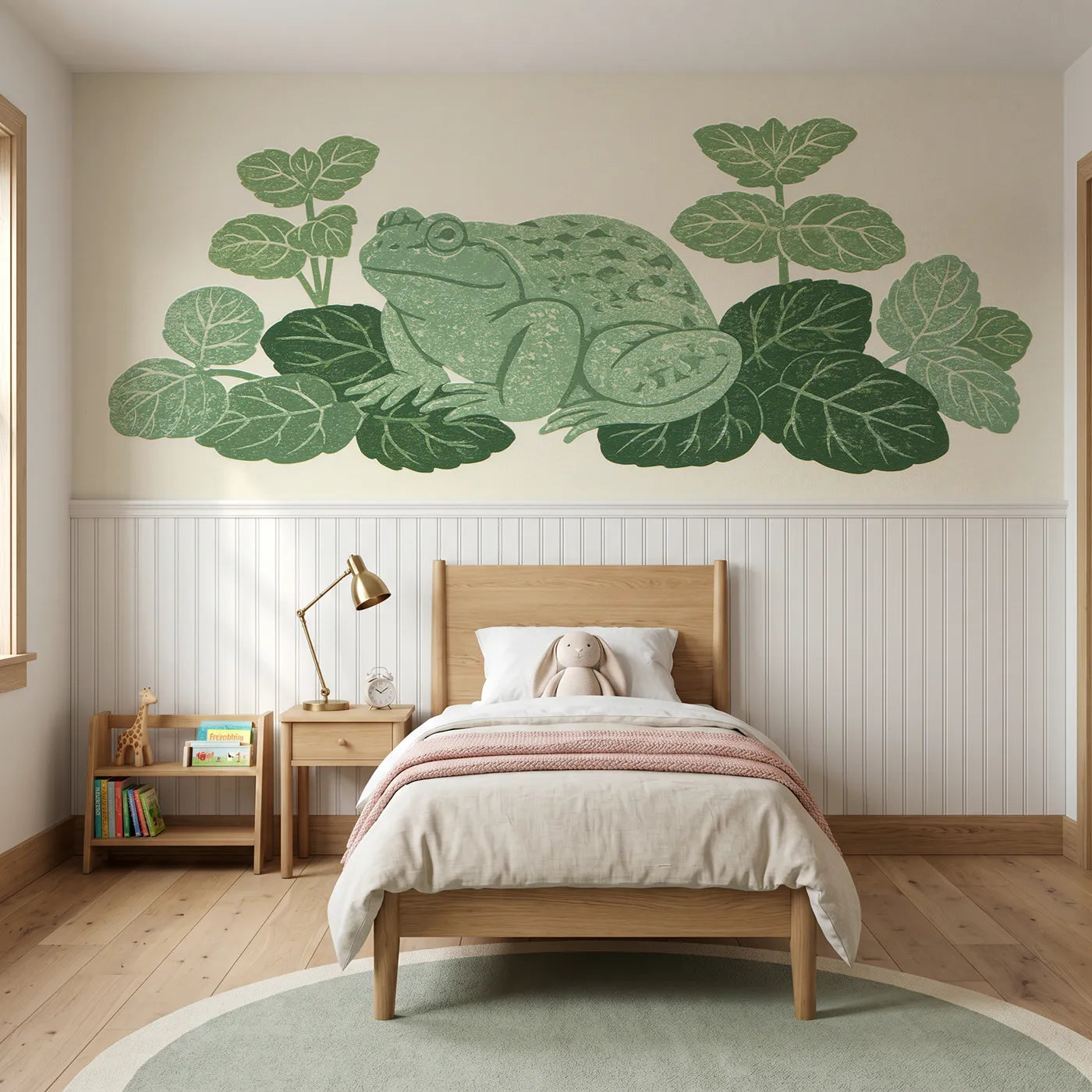 Block print wainscoting wallpaper of the carved frog by Whimsy Tots