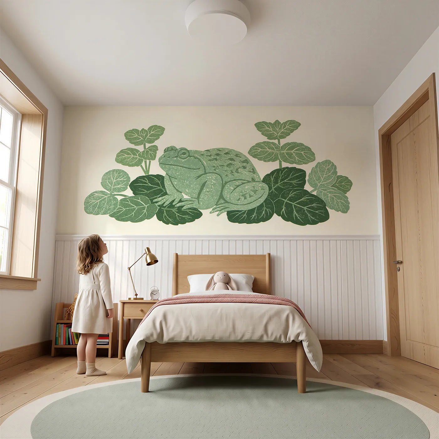 Child reading near The Carved Frog Wainscoting Wallpaper by Whimsy Tots