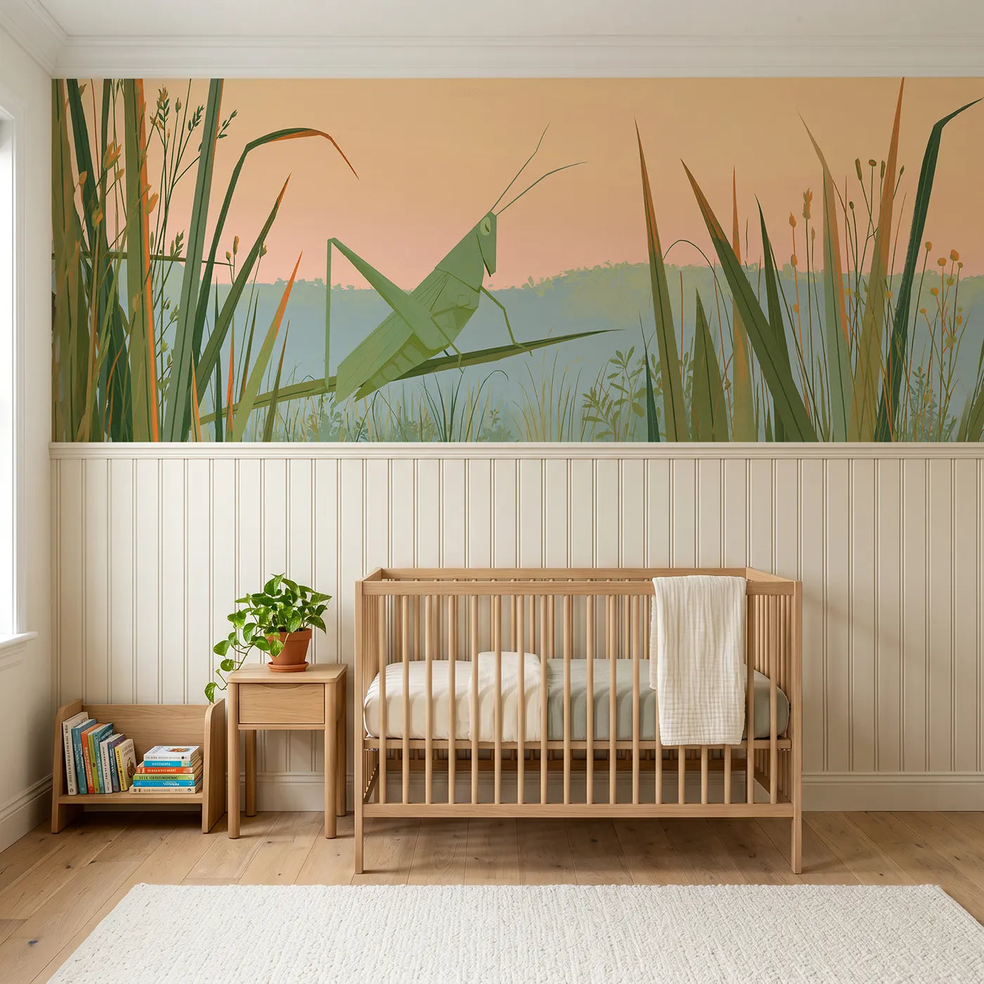Modern illustration wainscoting wallpaper of the folk grasshopper by Whimsy Tots