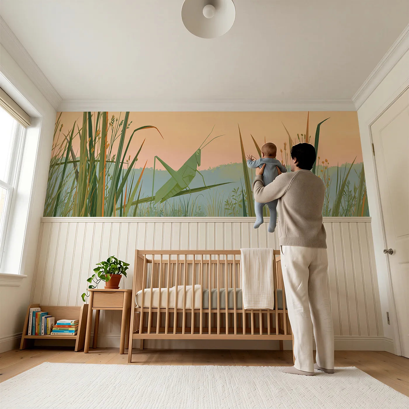 Child reading near The Folk Grasshopper Wainscoting Wallpaper by Whimsy Tots