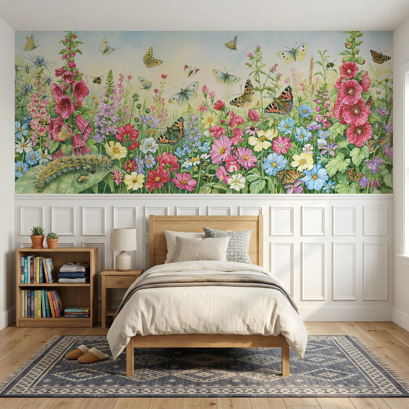 Storybook wainscoting wallpaper of butterflies in the border by Whimsy Tots