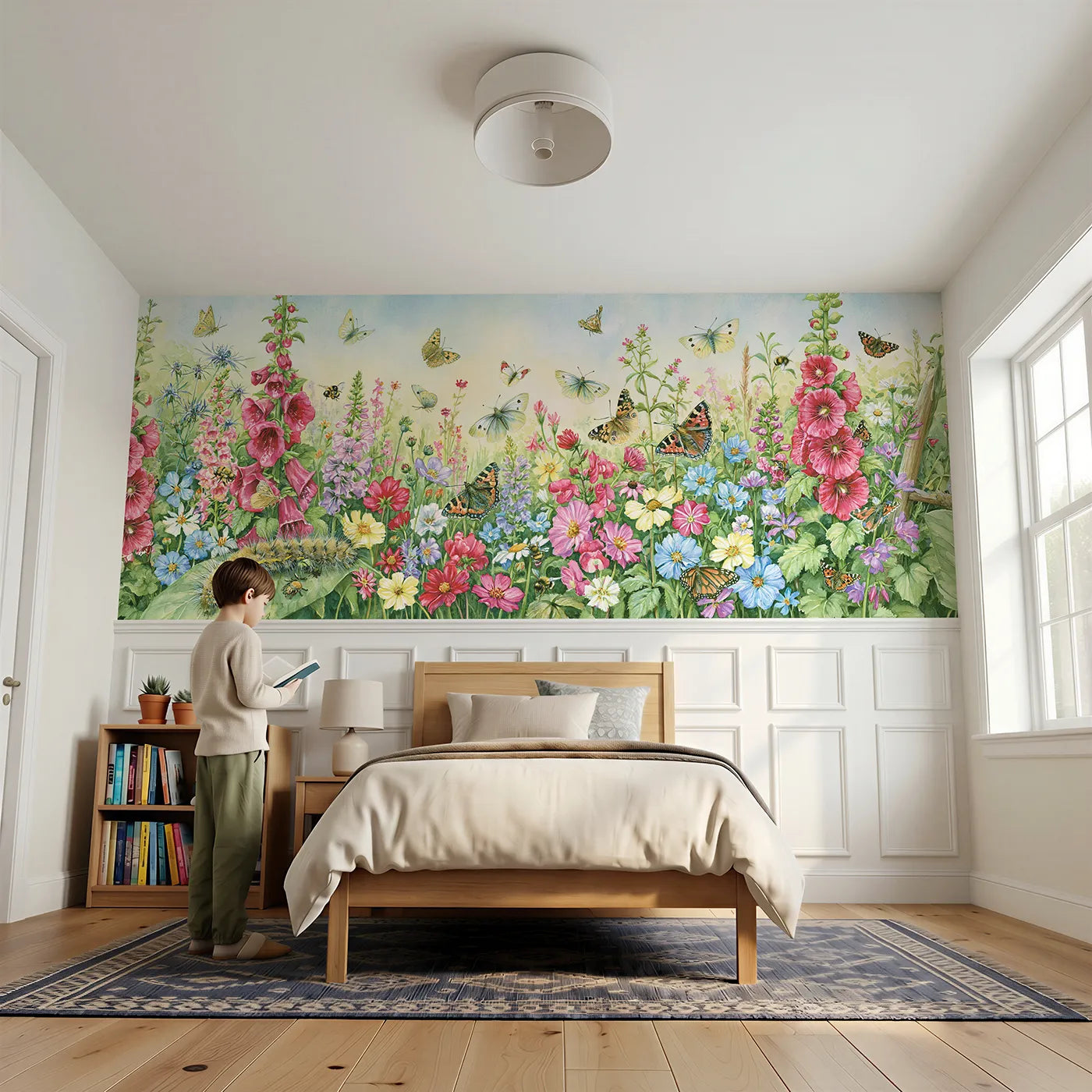 Child reading near Butterflies In The Border Wainscoting Wallpaper by Whimsy Tots
