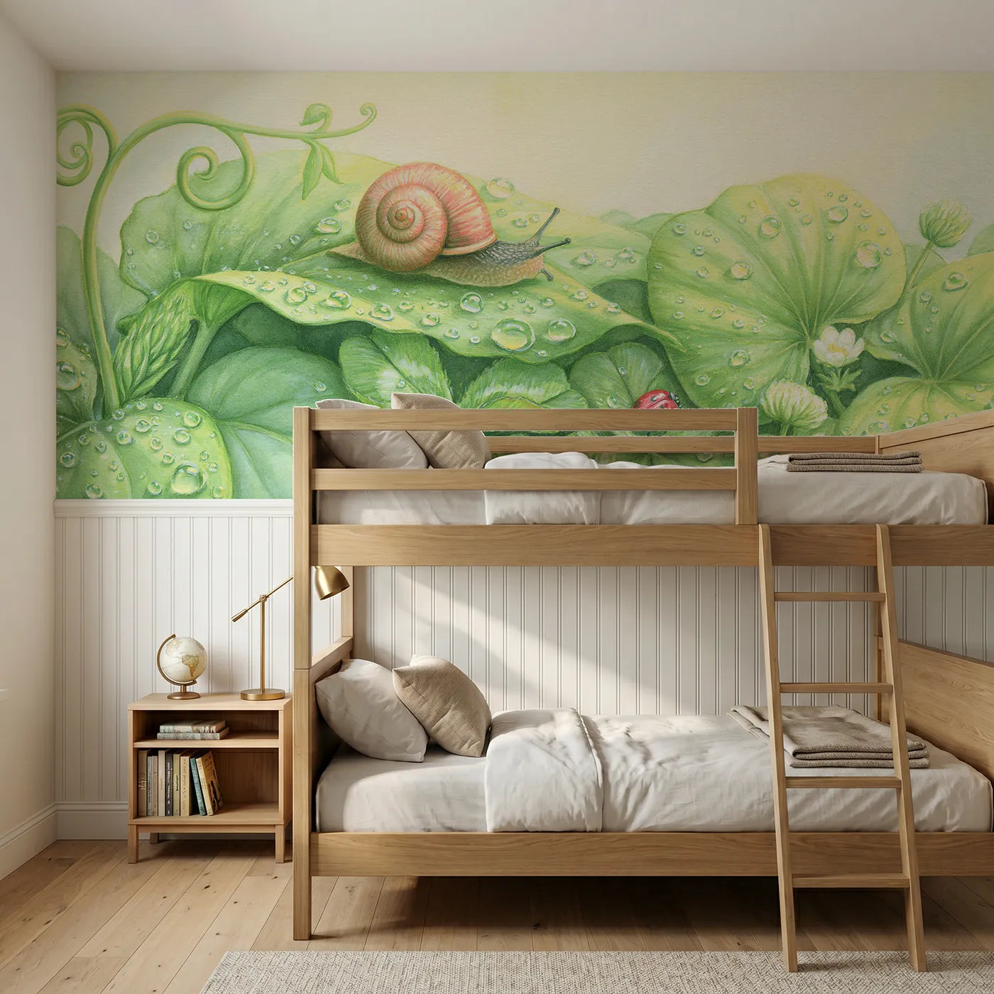 Colored pencil wainscoting wallpaper of the snail on the leaf by Whimsy Tots