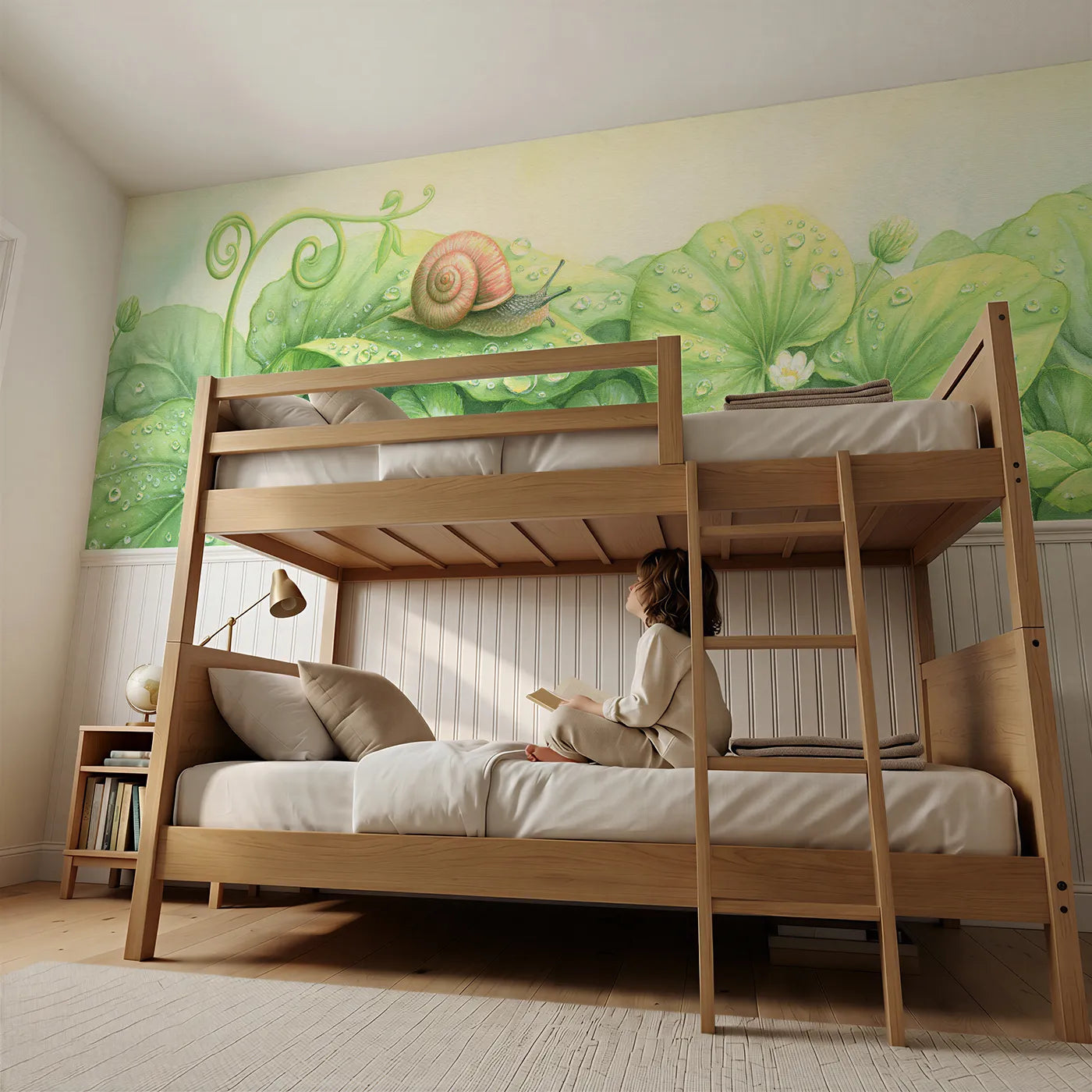 Child reading near The Snail On The Leaf Wainscoting Wallpaper by Whimsy Tots