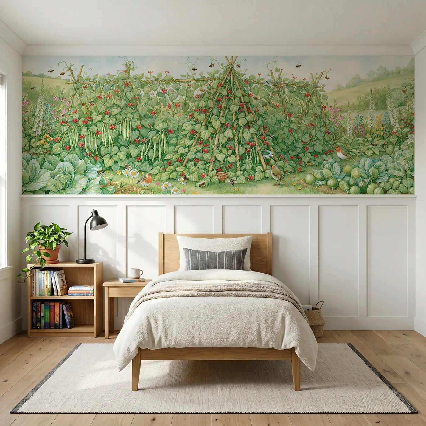 Storybook wainscoting wallpaper of the runner bean wigwam by Whimsy Tots