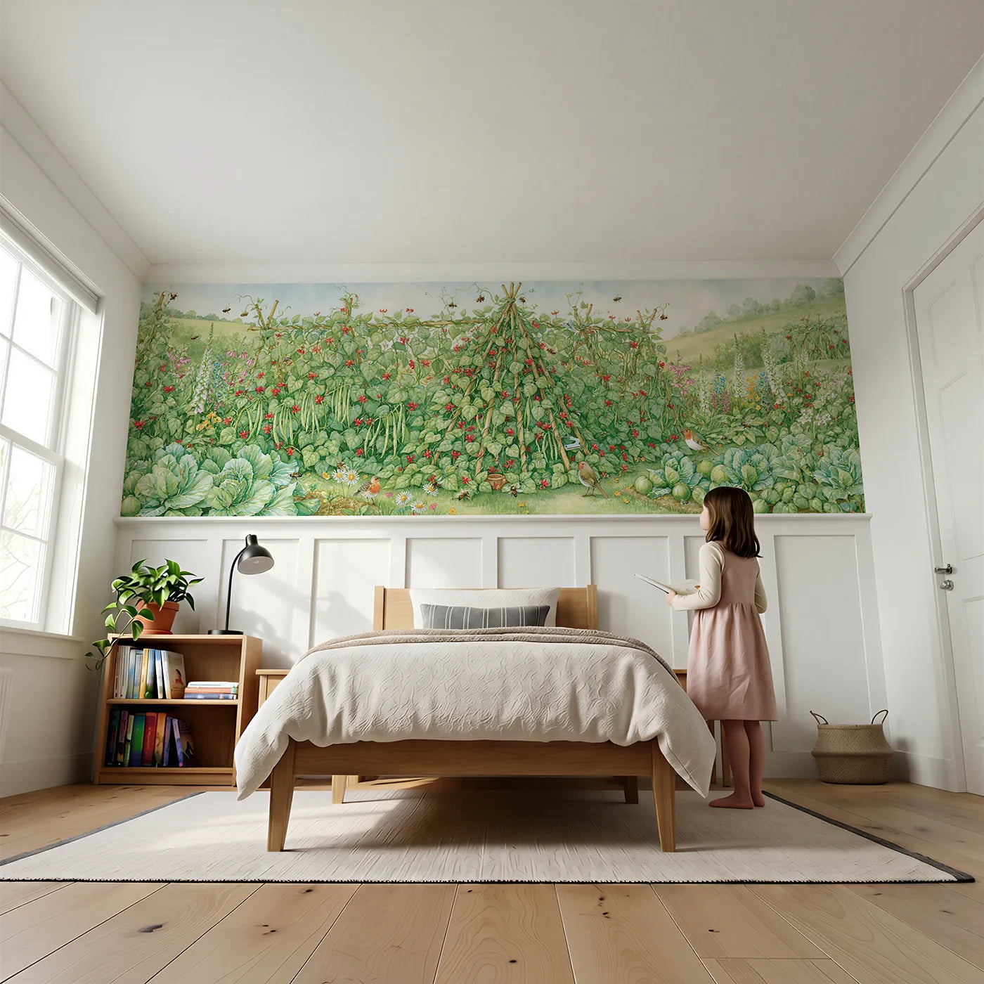 Child reading near The Runner Bean Wigwam Wainscoting Wallpaper by Whimsy Tots