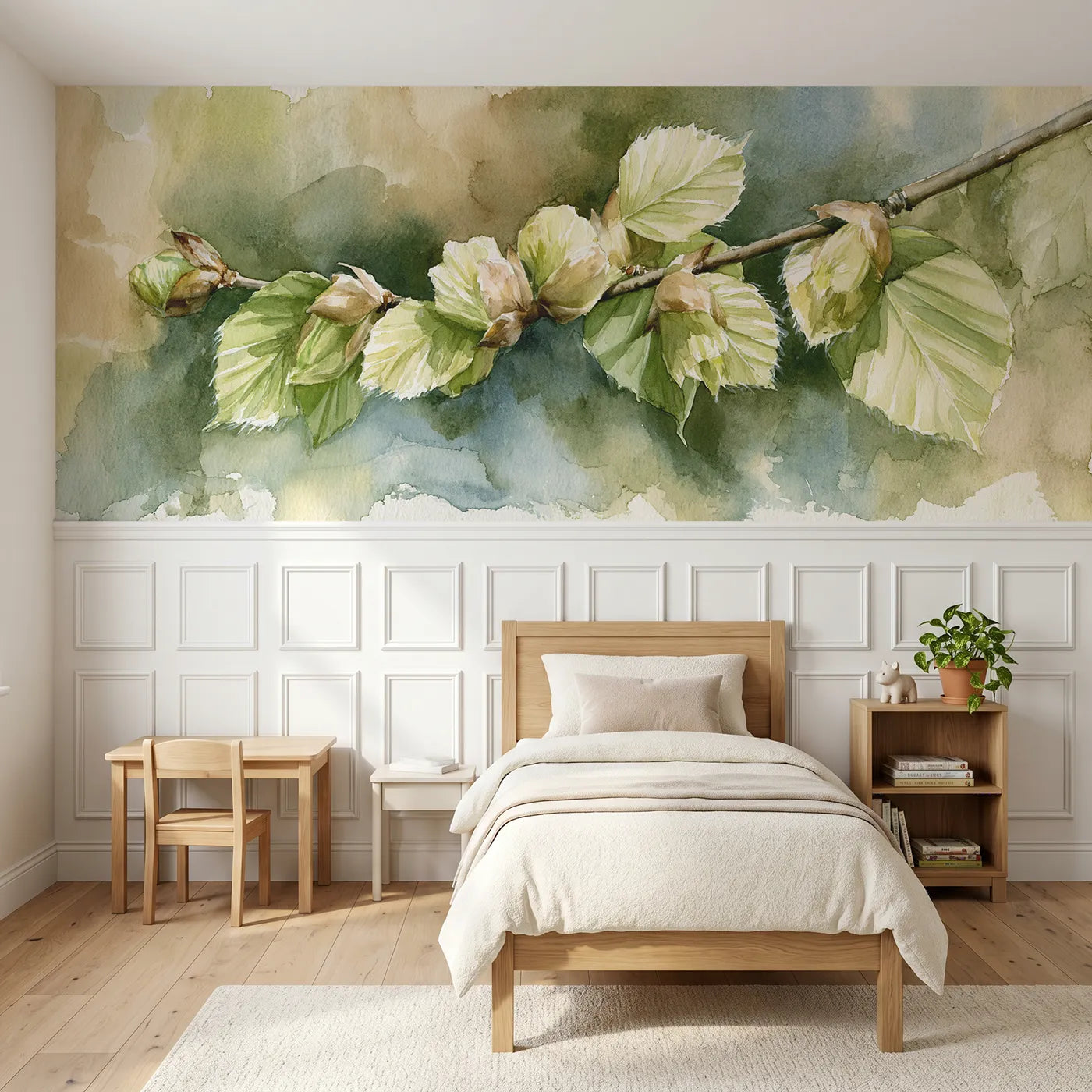 Watercolor wainscoting wallpaper of unfurling from the bud by Whimsy Tots