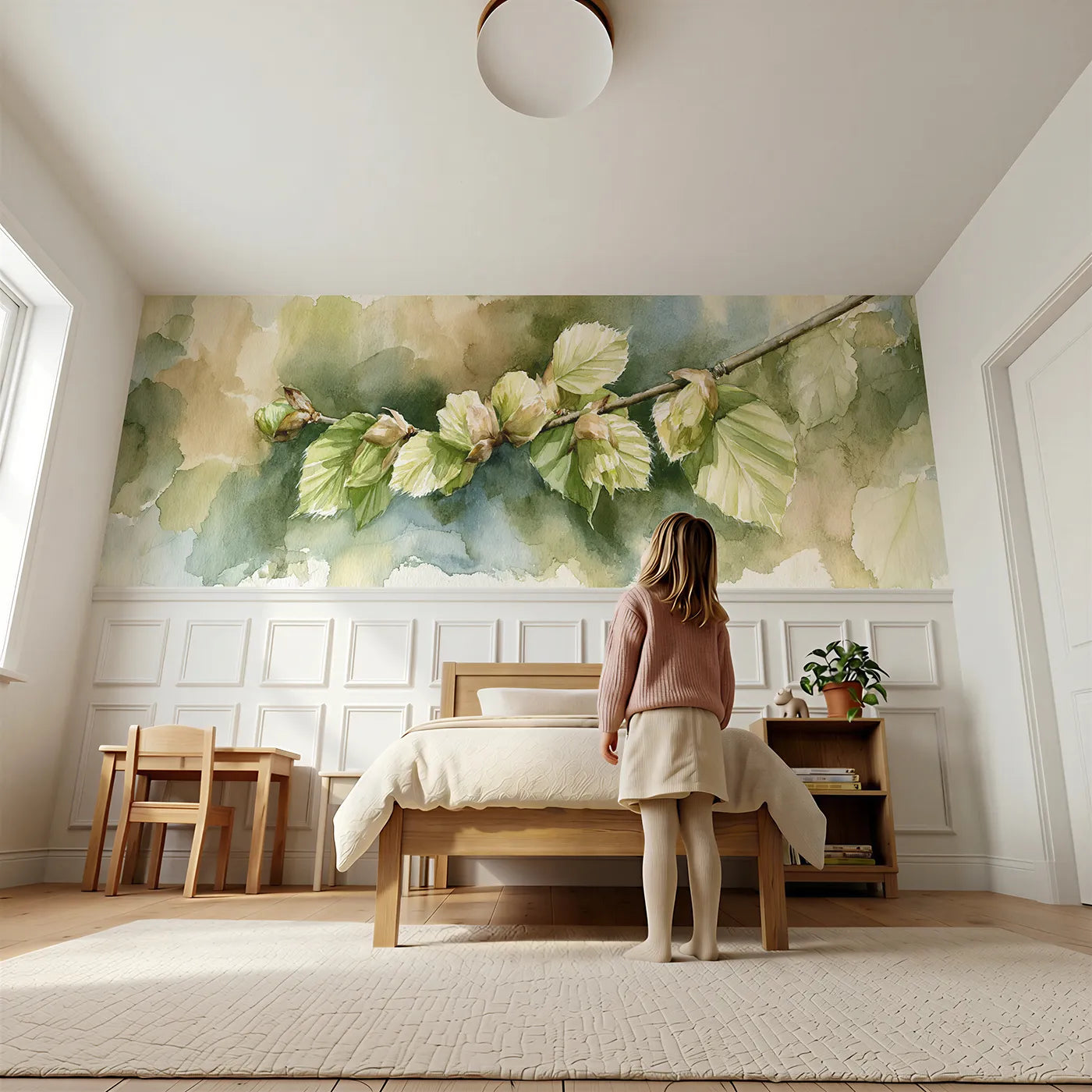 Child reading near Unfurling From The Bud Wainscoting Wallpaper by Whimsy Tots