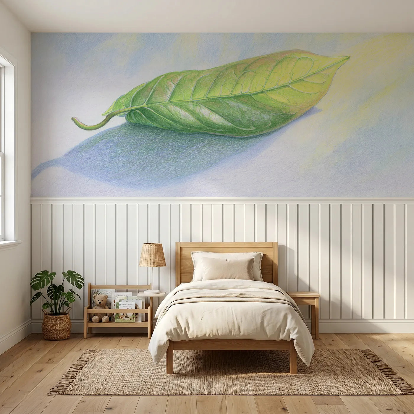 Colored pencil wainscoting wallpaper of a leaf held to the light by Whimsy Tots