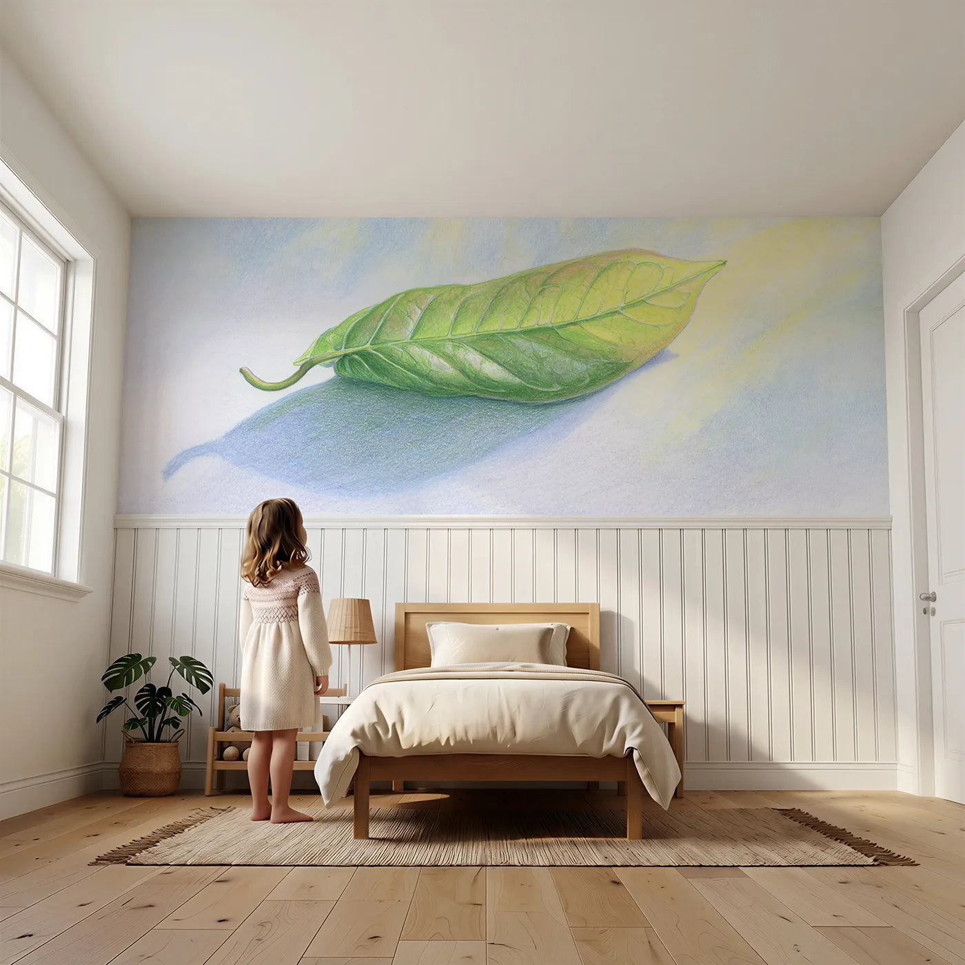 Child reading near Held To The Light Wainscoting Wallpaper by Whimsy Tots