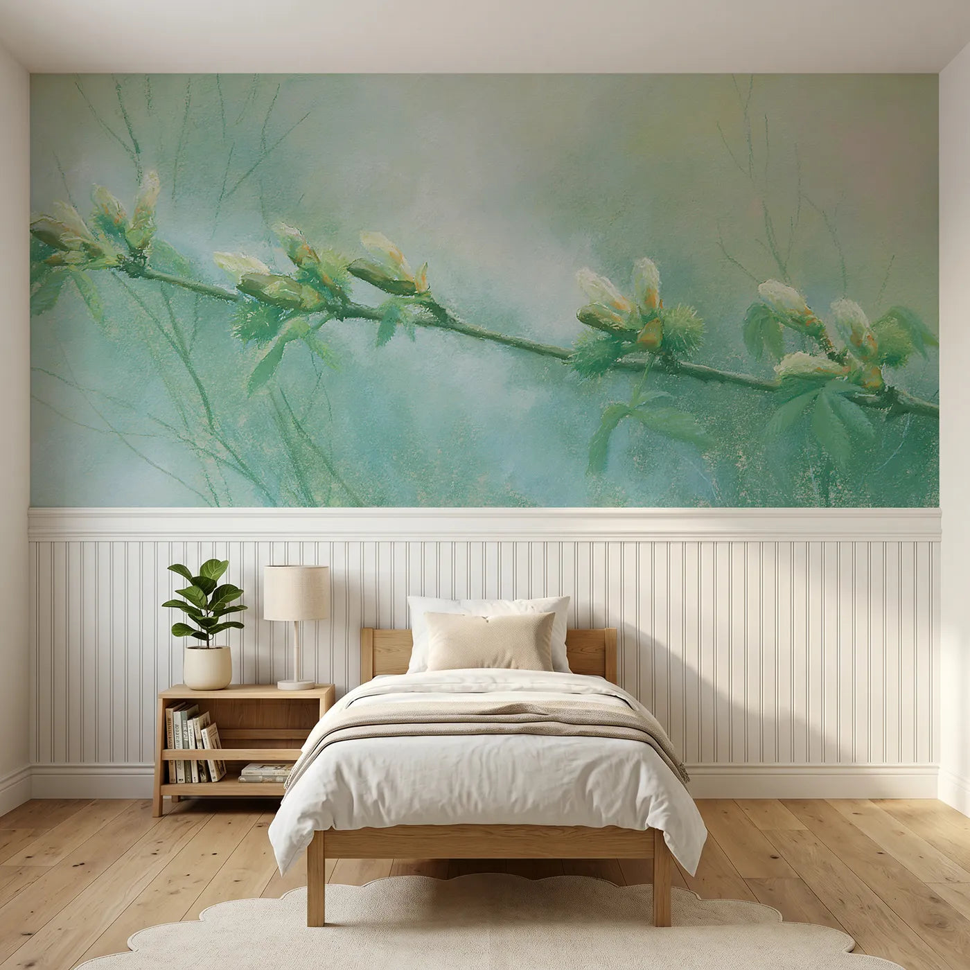 Soft pastel wainscoting wallpaper of the sticky buds opening by Whimsy Tots