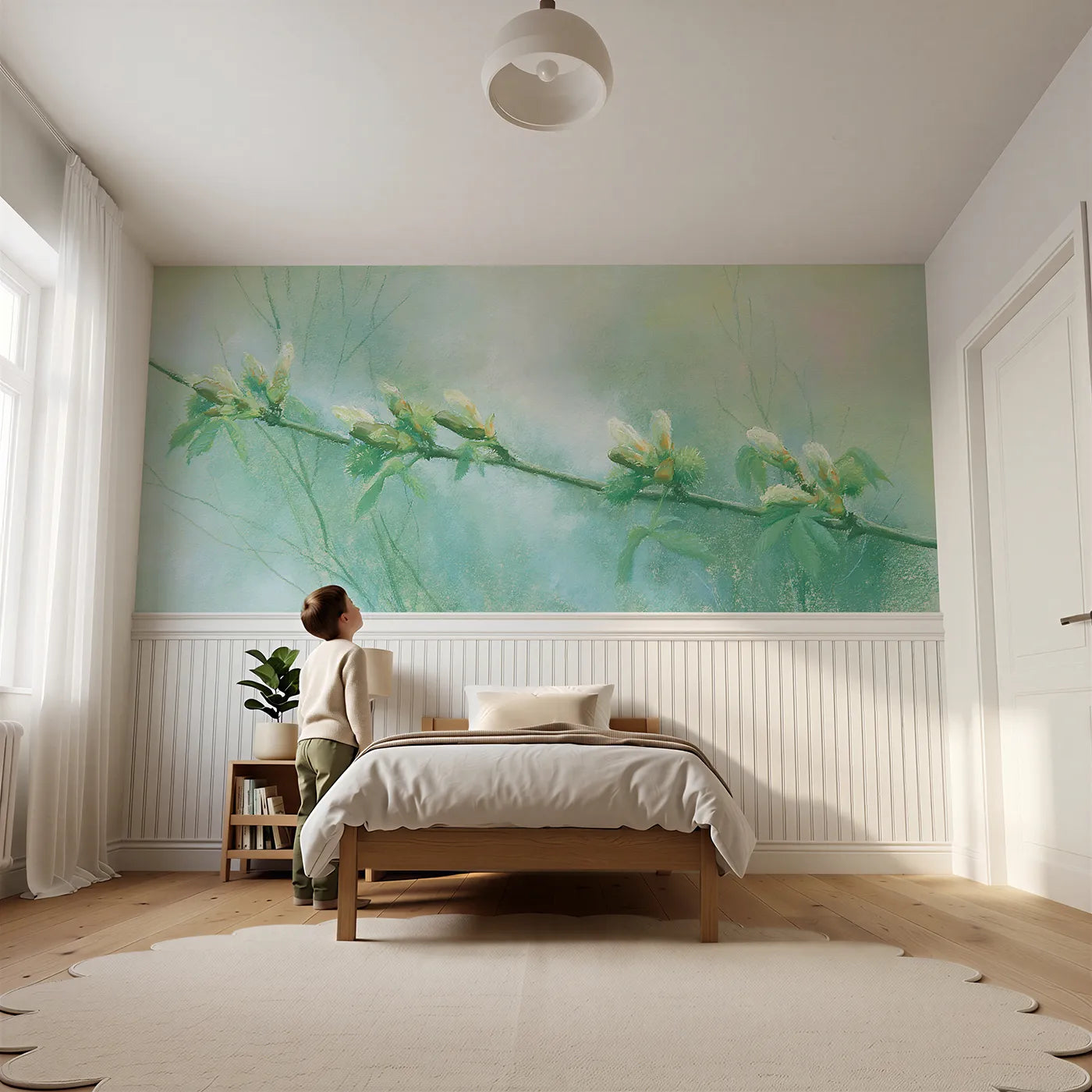 Child reading near The Sticky Buds Open Wainscoting Wallpaper by Whimsy Tots