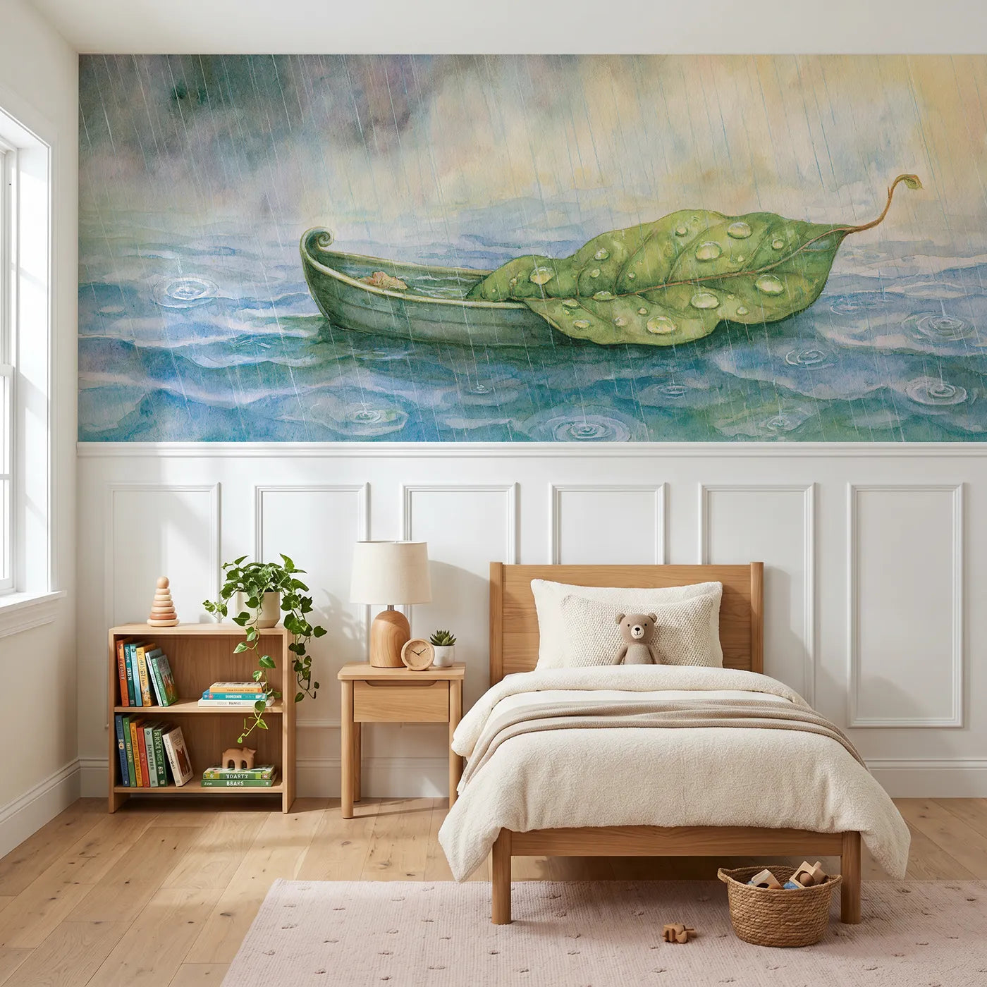 Storybook wainscoting wallpaper of one leaf afloat by Whimsy Tots