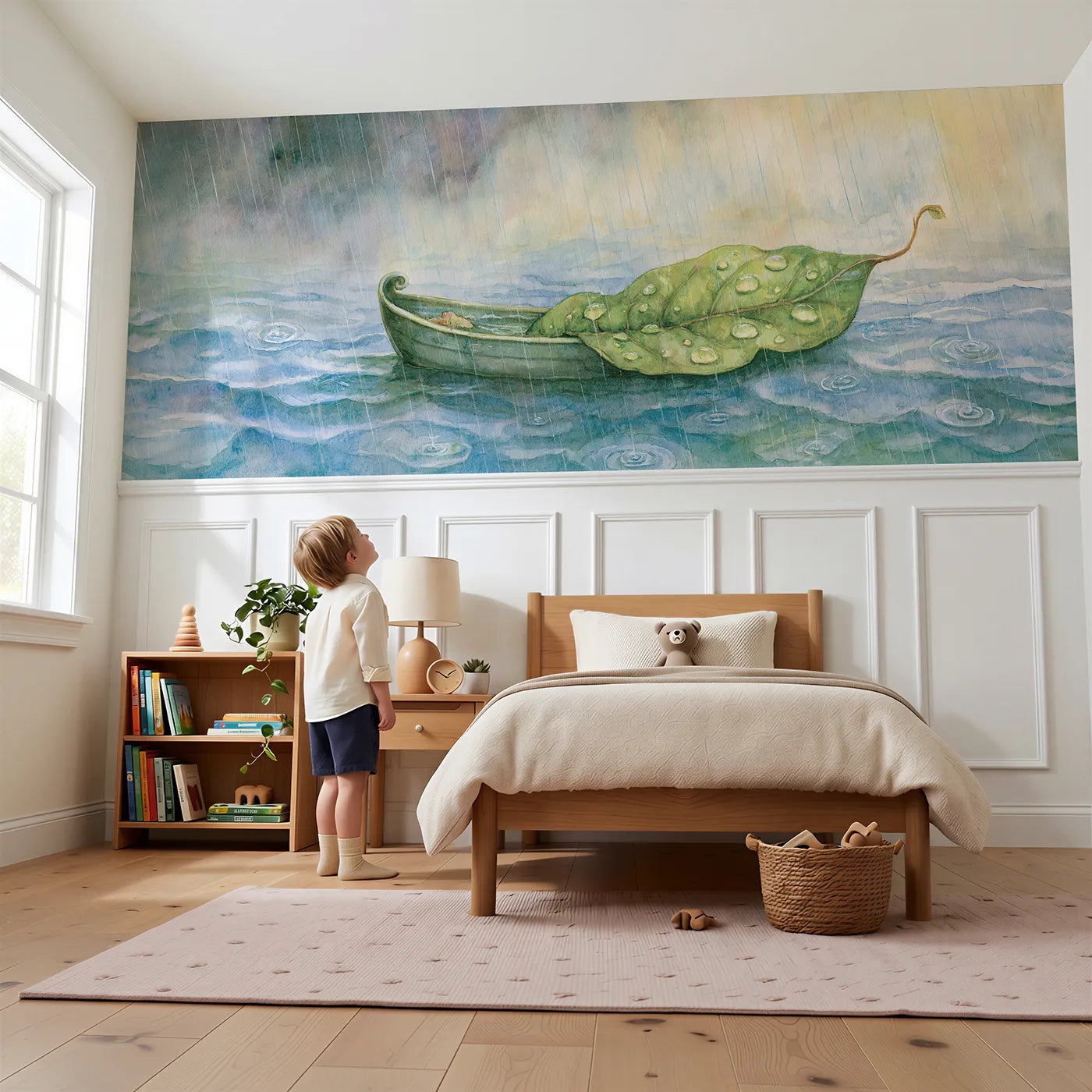 Child reading near One Leaf Afloat Wainscoting Wallpaper by Whimsy Tots