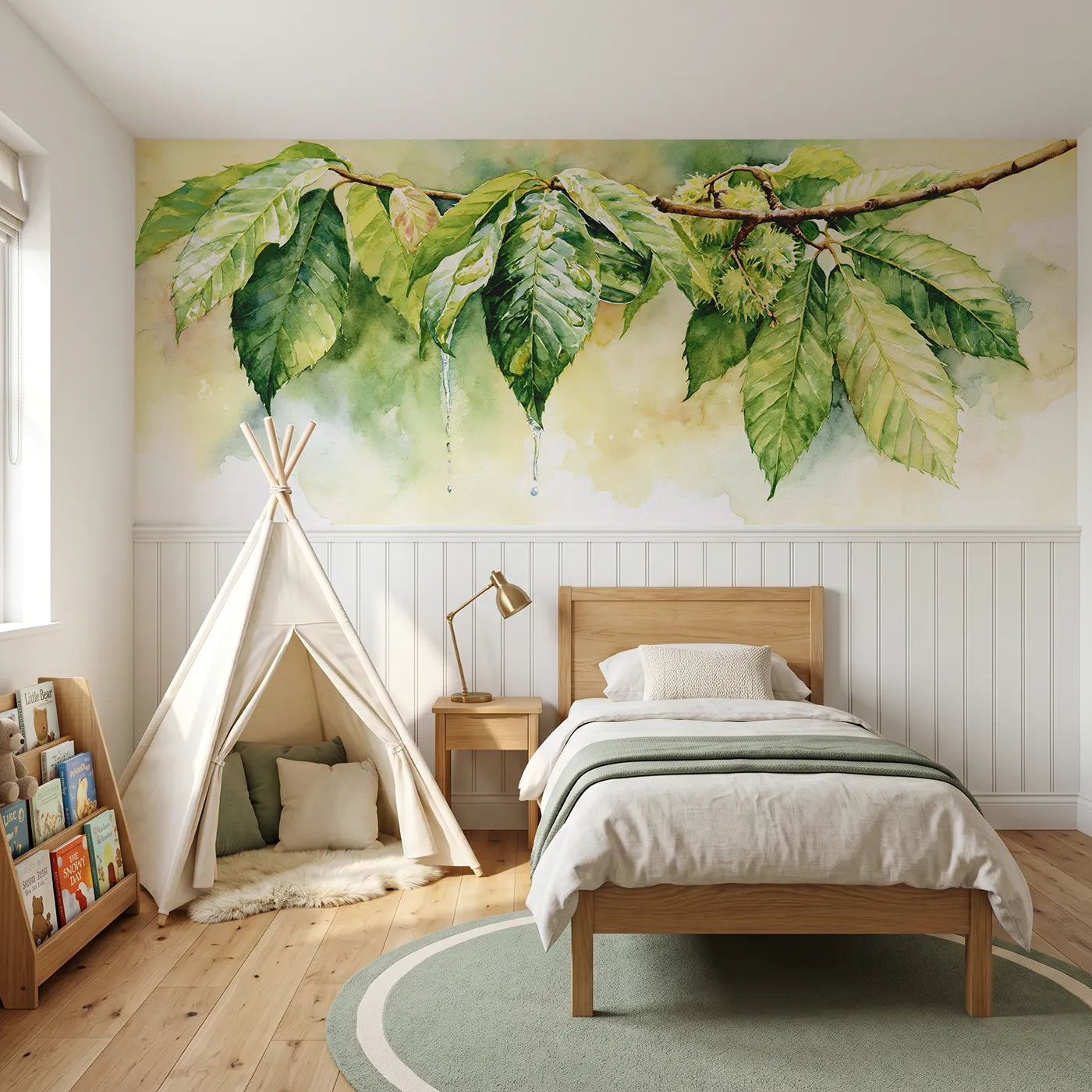 Watercolor wainscoting wallpaper of the leaf pouring its rain by Whimsy Tots