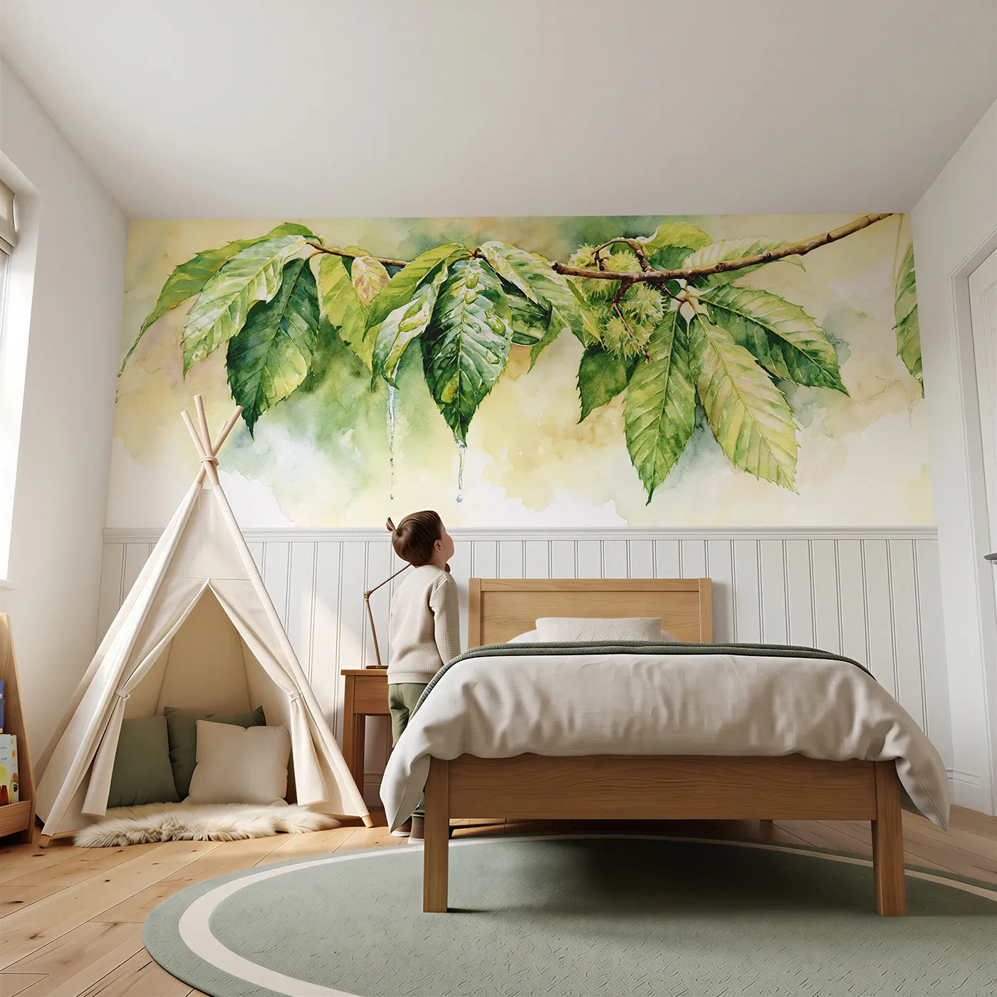 Child reading near The Leaf Pours Its Rain Wainscoting Wallpaper by Whimsy Tots
