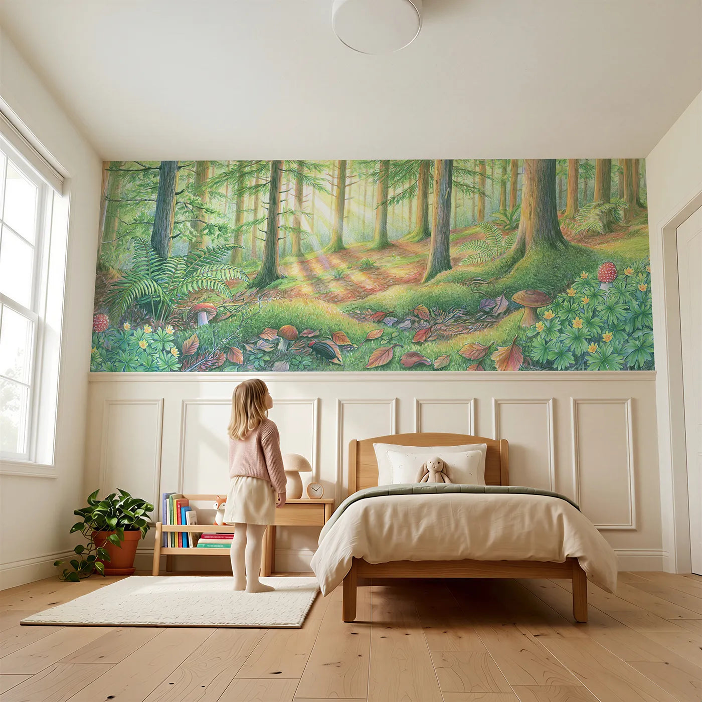 Child reading near Light In Little Pools Wainscoting Wallpaper by Whimsy Tots
