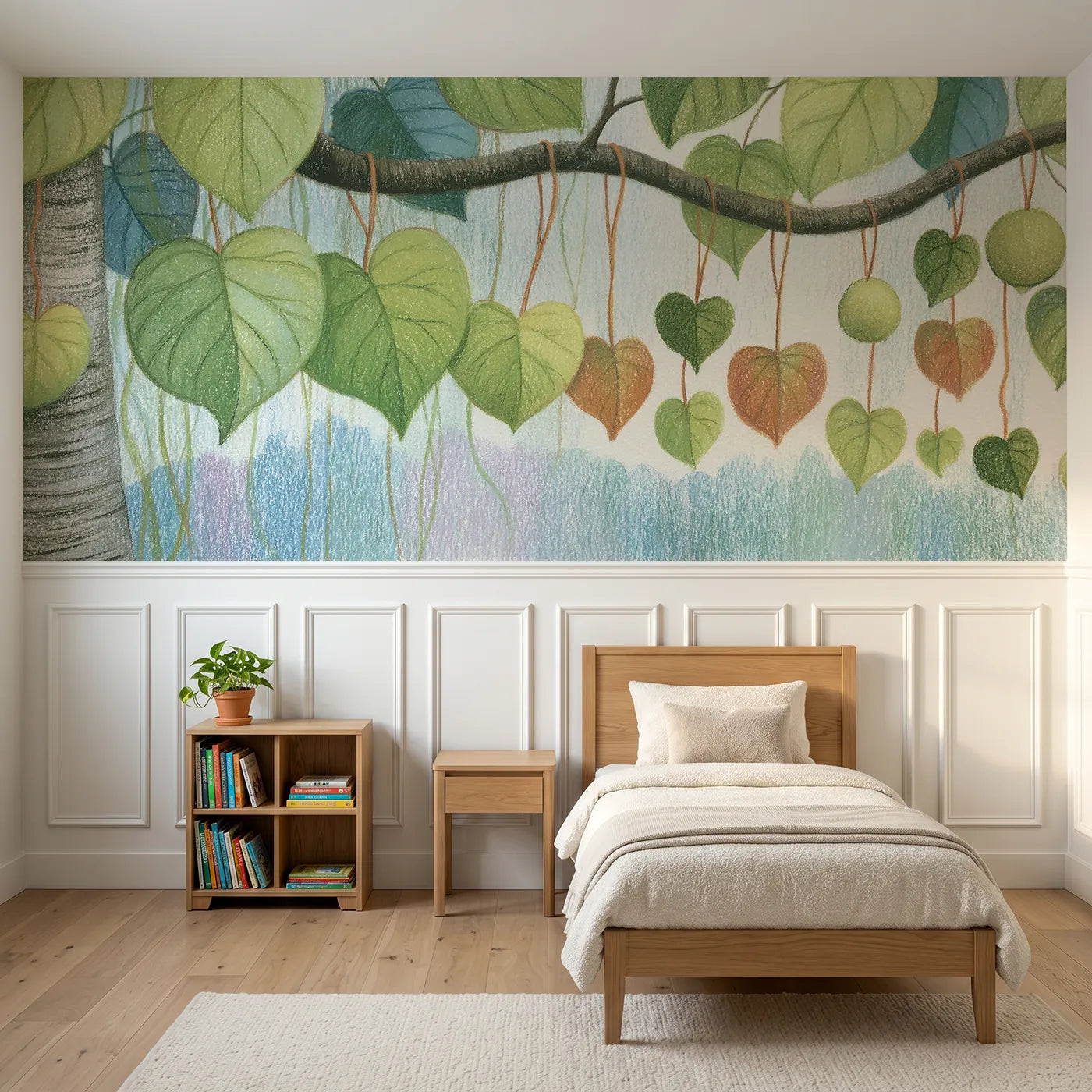 Colored pencil wainscoting wallpaper of a branch of hearts by Whimsy Tots