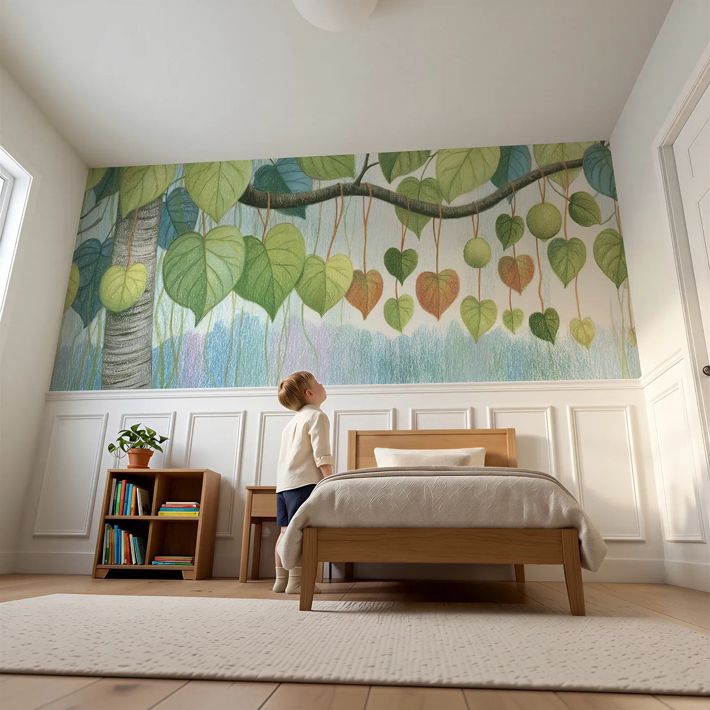 Child reading near A Branch Of Hearts Wainscoting Wallpaper by Whimsy Tots