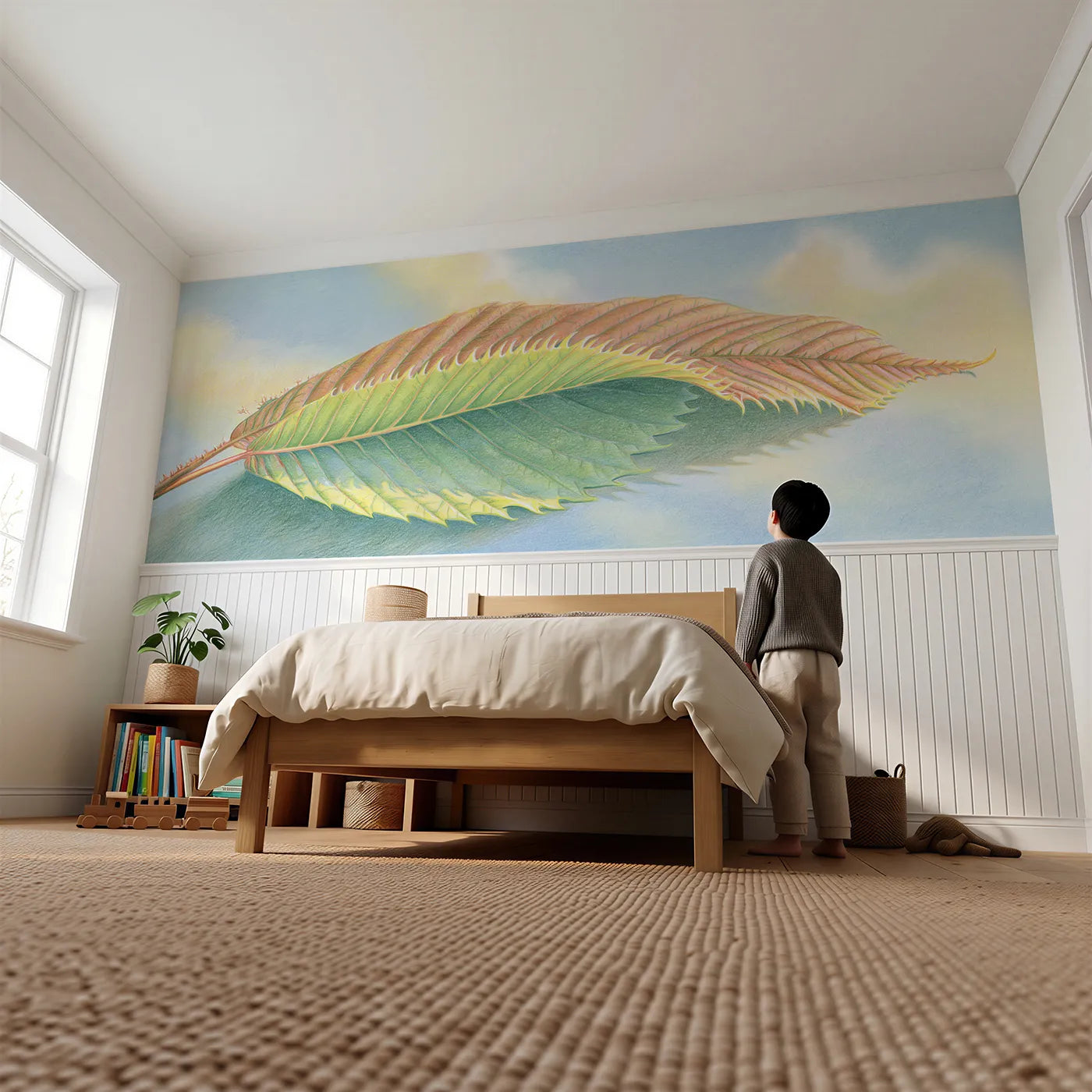 Child reading near The Saw Edge Wainscoting Wallpaper by Whimsy Tots